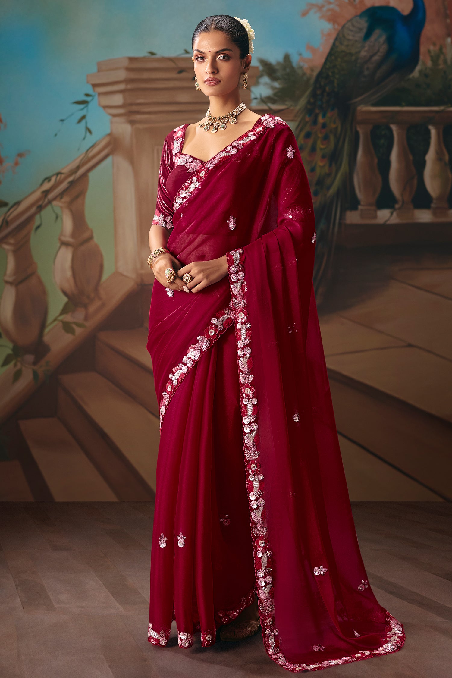 Maroon Viscose Chiffon Saree With Rich Floral Embroidery And Sequin Work - maroon chiffon saree embroidery