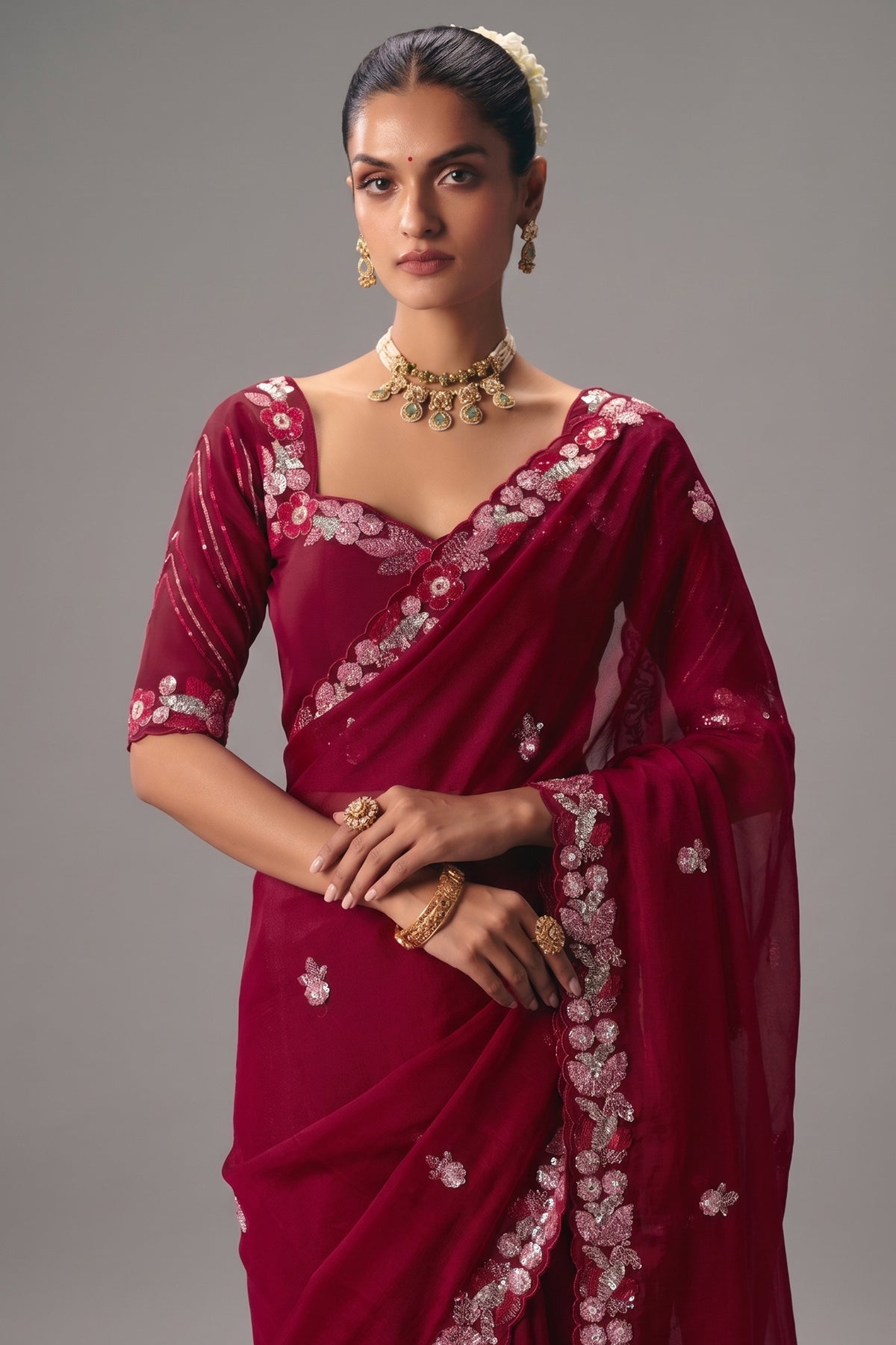 Maroon Viscose Chiffon Saree With Rich Floral Embroidery And Sequin Work - maroon chiffon saree embroidery