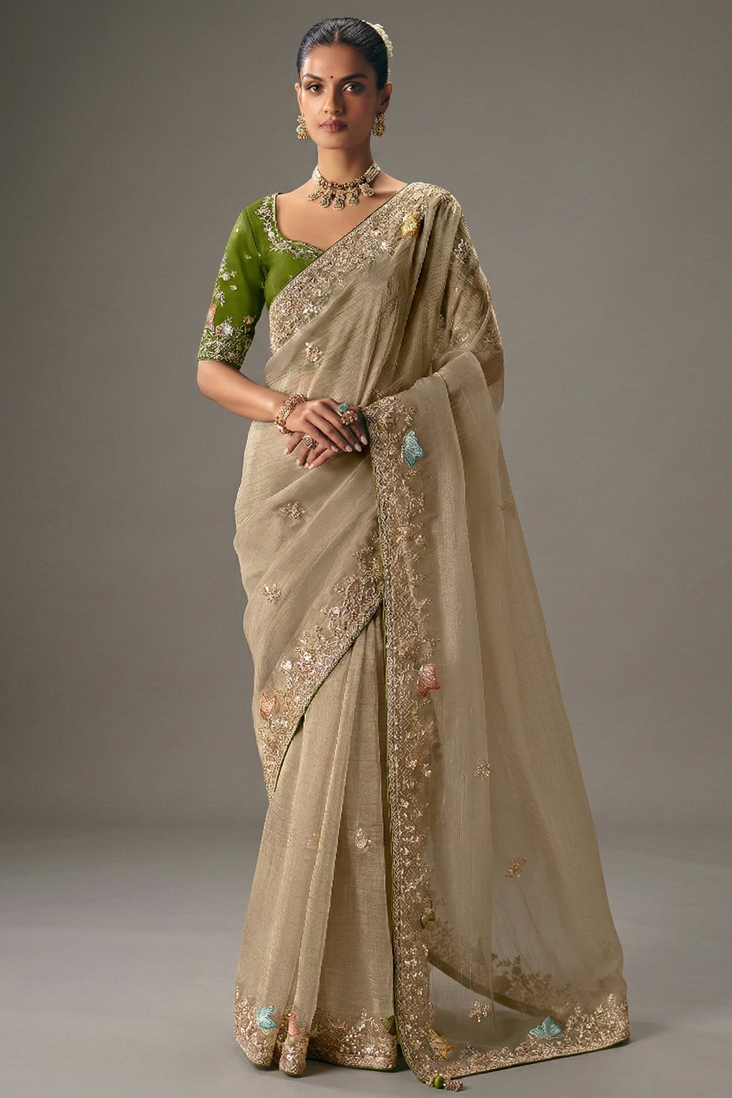 Beige Viscose Chiffon Saree With Elegant Embroidery - beige chiffon saree embroidery Main image