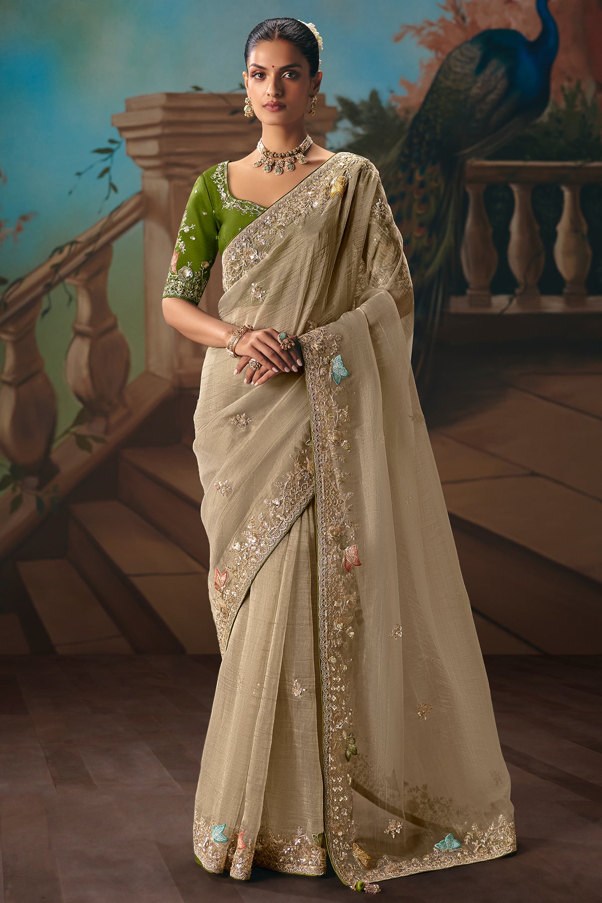 Beige Viscose Chiffon Saree With Elegant Embroidery - beige chiffon saree embroidery
