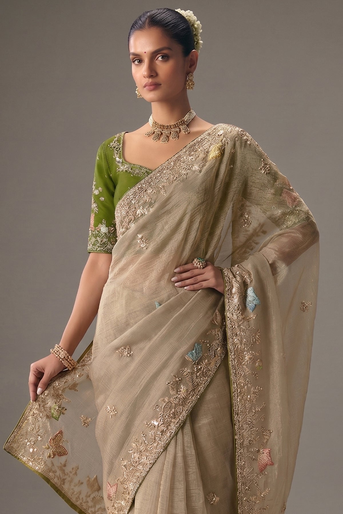 Beige Viscose Chiffon Saree With Elegant Embroidery - beige chiffon saree embroidery