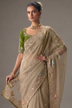 Beige Viscose Chiffon Saree With Elegant Embroidery - beige chiffon saree embroidery