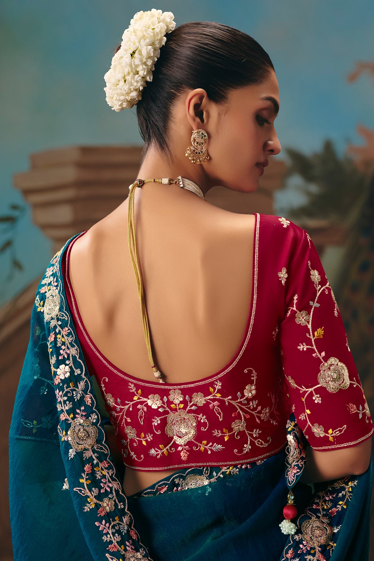 Teal Blue Viscose Chiffon Saree With Embroidered Border And Buti Work - red chiffon saree embroidered