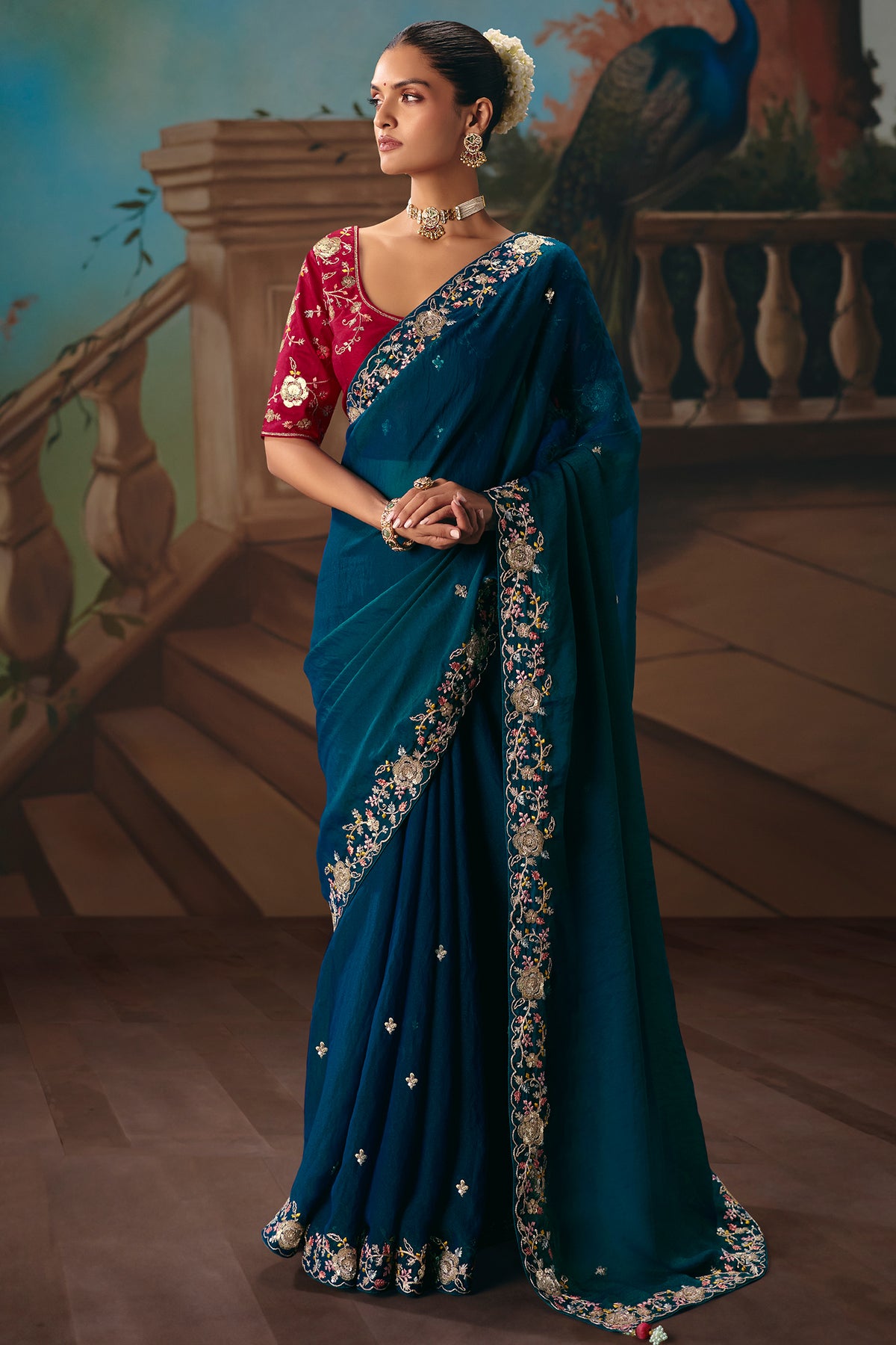 Teal Blue Viscose Chiffon Saree With Embroidered Border And Buti Work - red chiffon saree embroidered