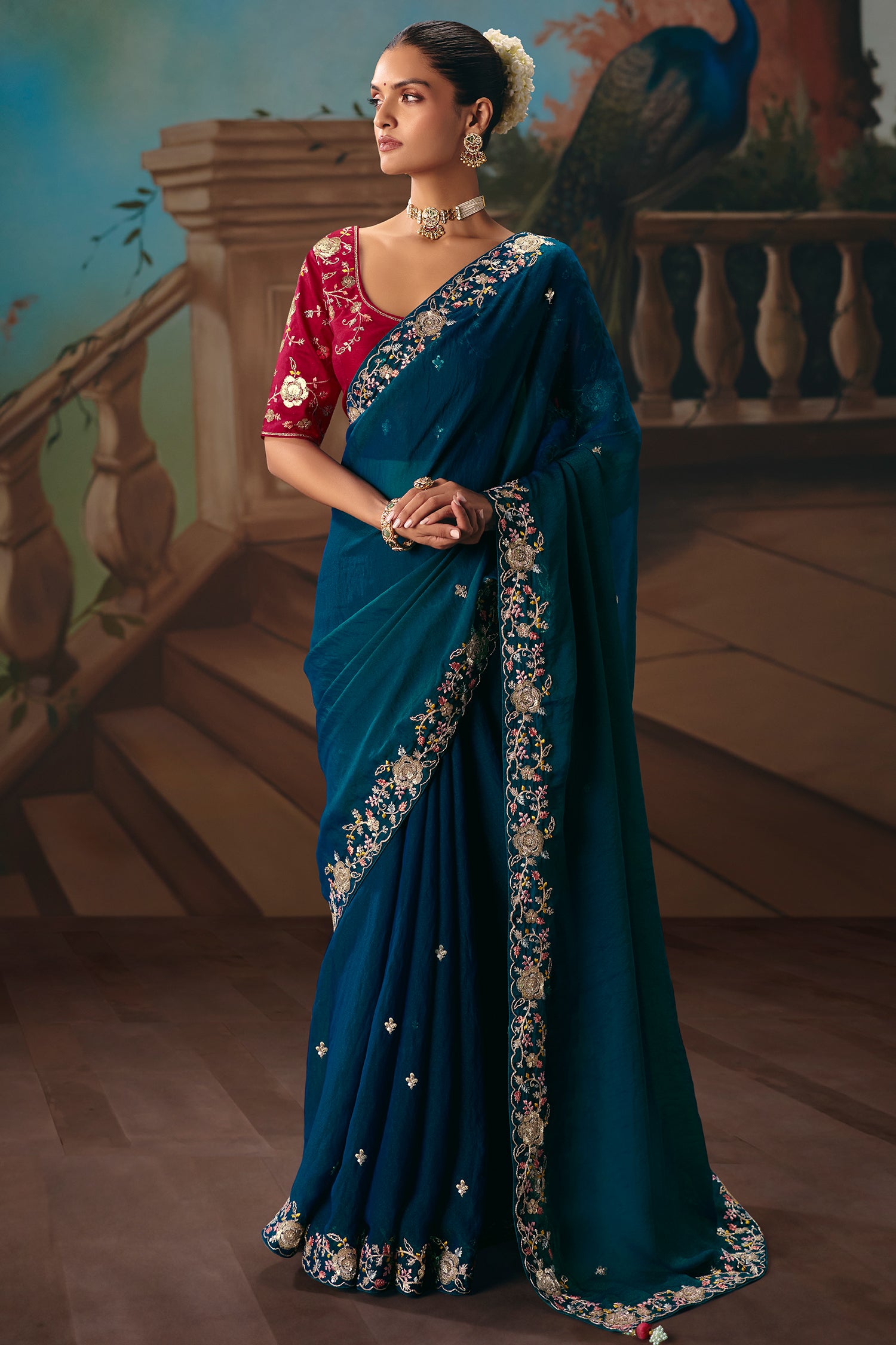 Teal Blue Viscose Chiffon Saree With Embroidered Border And Buti Work - red chiffon saree embroidered