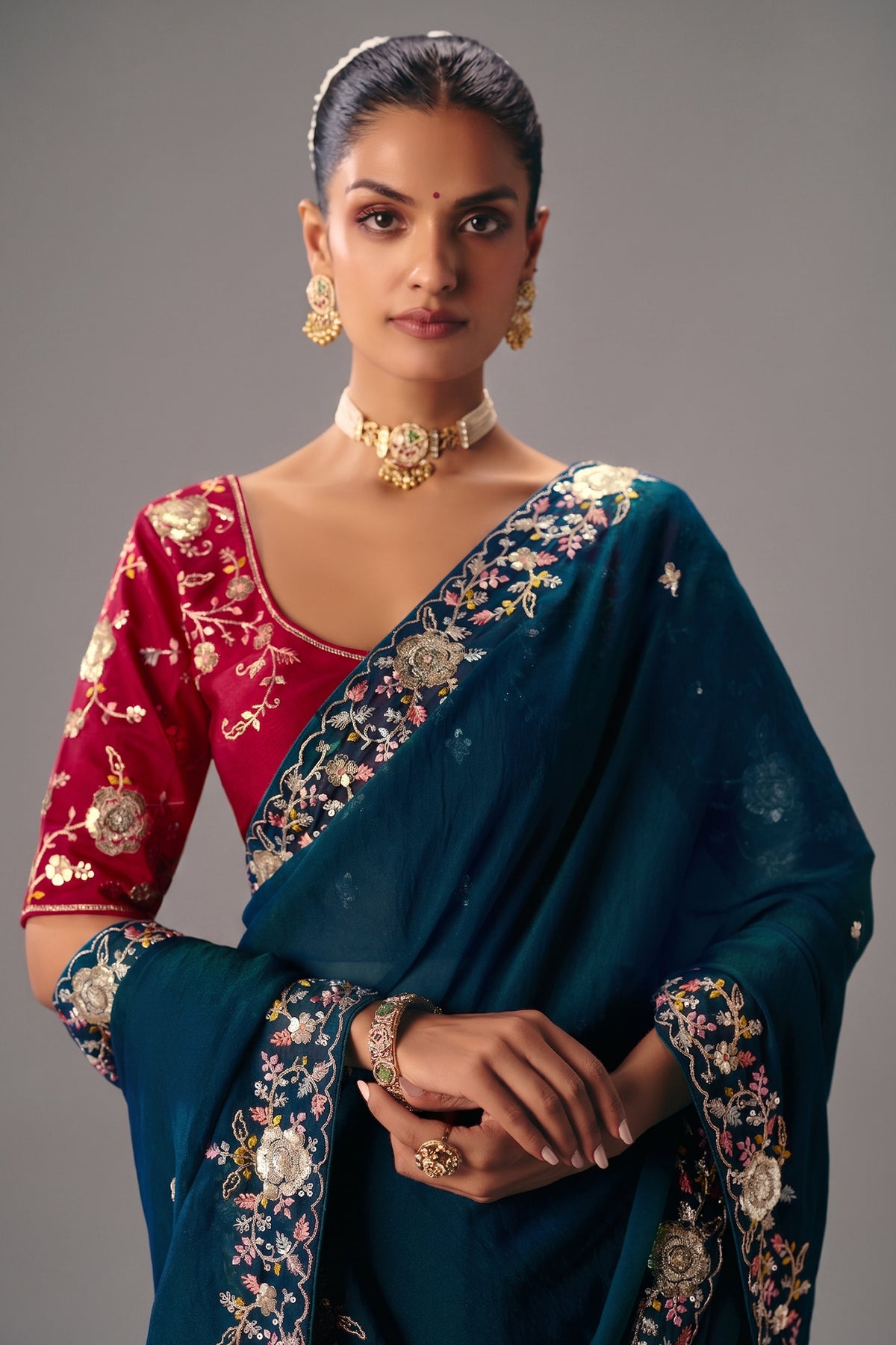 Teal Blue Viscose Chiffon Saree With Embroidered Border And Buti Work - red chiffon saree embroidered