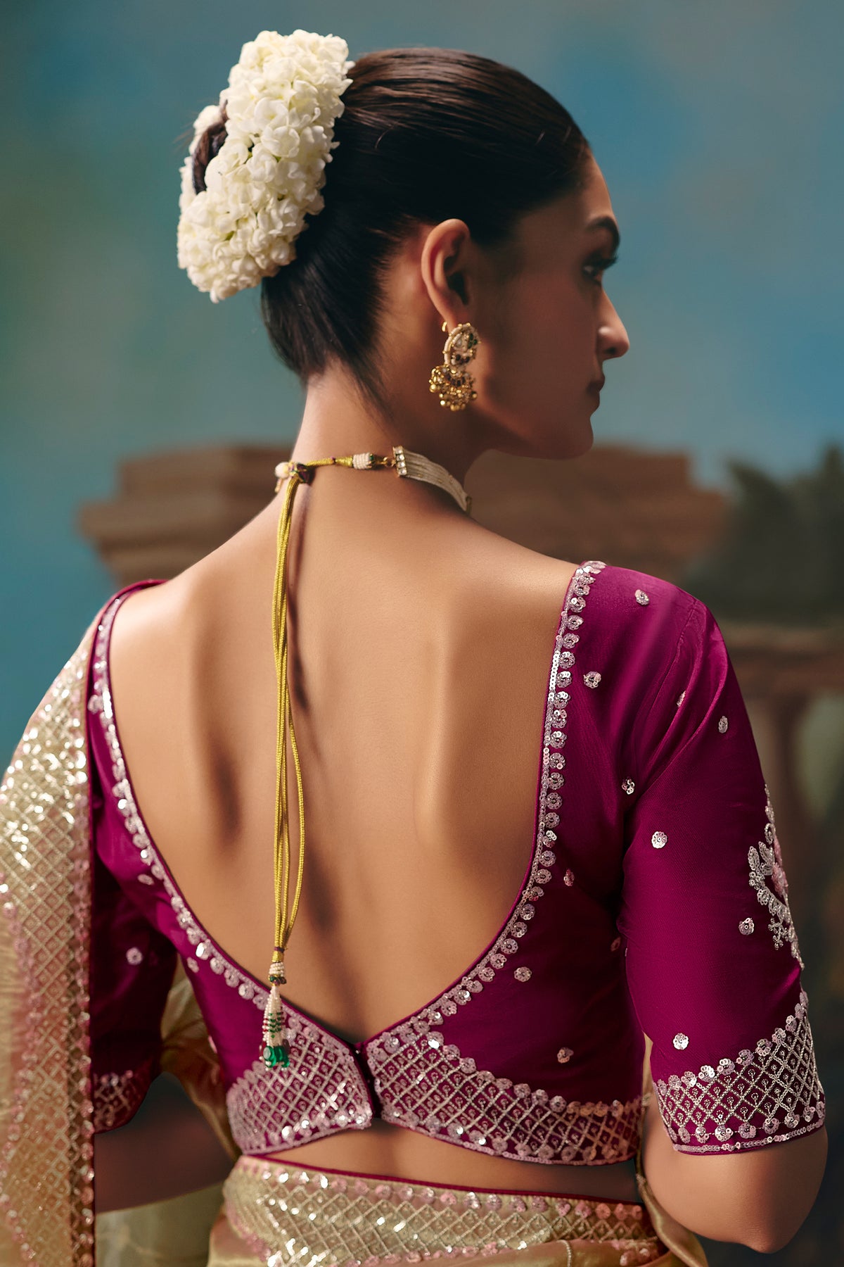 Peach Gold Viscose Chiffon Saree With Heavy Zari And Thread Embroidery - gold chiffon saree embroidery