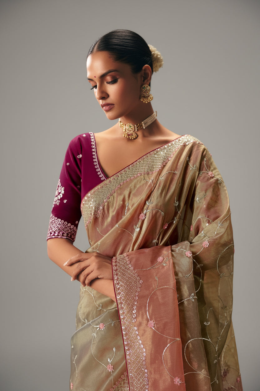 Peach Gold Viscose Chiffon Saree With Heavy Zari And Thread Embroidery - gold chiffon saree embroidery