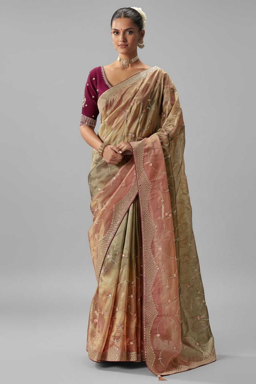 Peach Gold Viscose Chiffon Saree With Heavy Zari And Thread Embroidery - gold chiffon saree embroidery