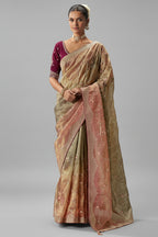 Peach Gold Viscose Chiffon Saree With Heavy Zari And Thread Embroidery - gold chiffon saree embroidery
