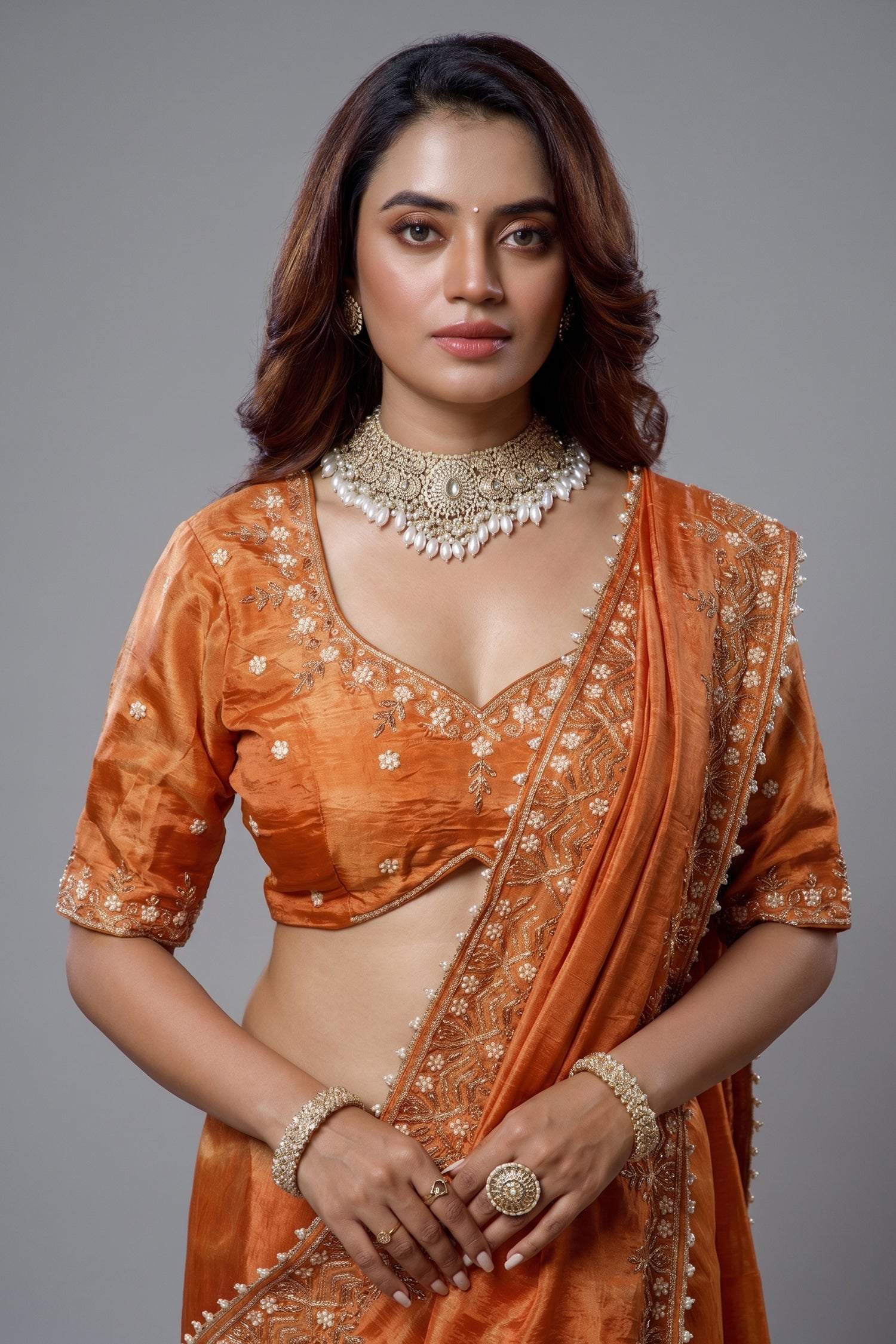Orange Tissue Dola Silk Solid Saree with Readymade Blouse and Beaded and Zardosi Worked Border Secondary image