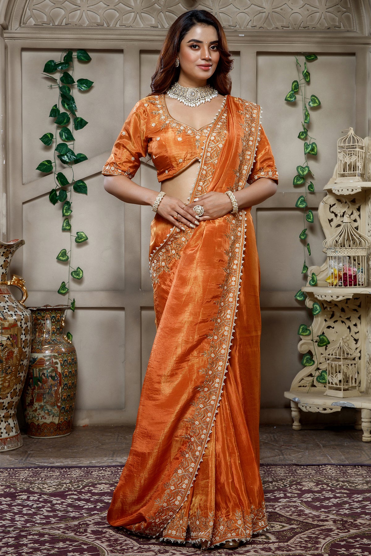 Orange Tissue Dola Silk Solid Saree with Readymade Blouse and Beaded and Zardosi Worked Border - orange silk saree