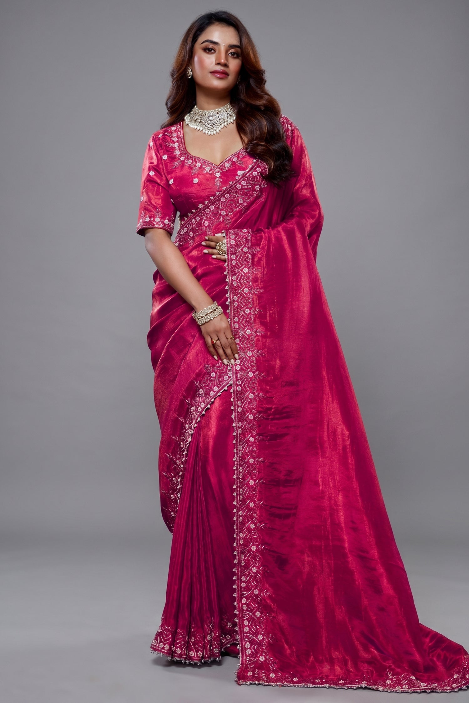 Rani Pink Tissue Dola Silk Saree Main image
