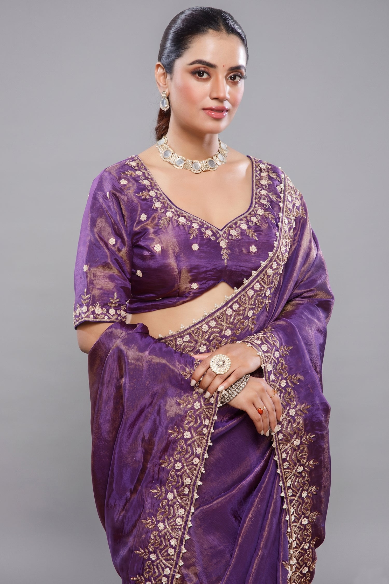 Purple Tissue Dola Silk Solid Saree with Readymade Blouse and Beaded and Zardosi Worked Border Secondary image