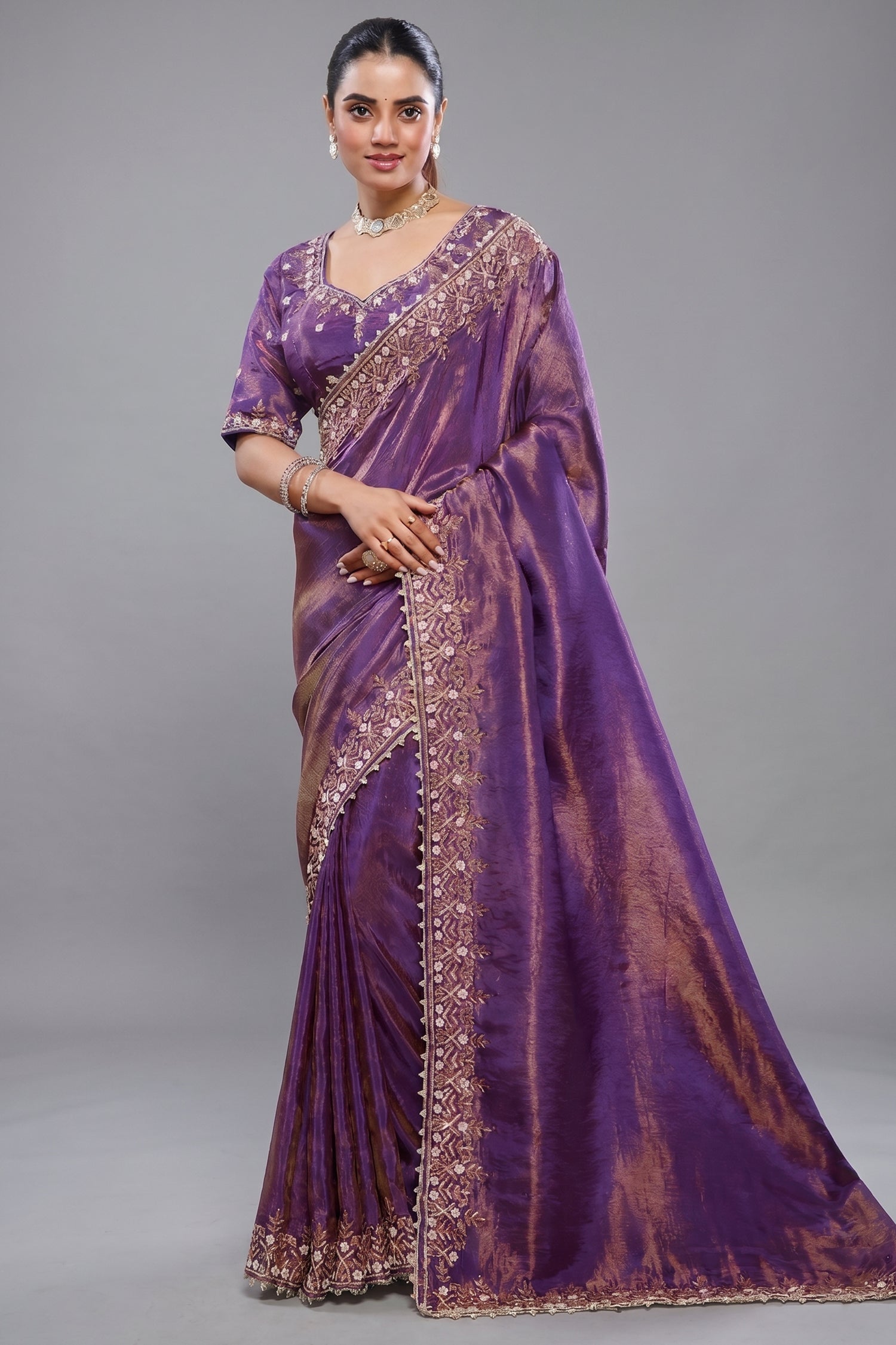 Purple Tissue Dola Silk Solid Saree Main image