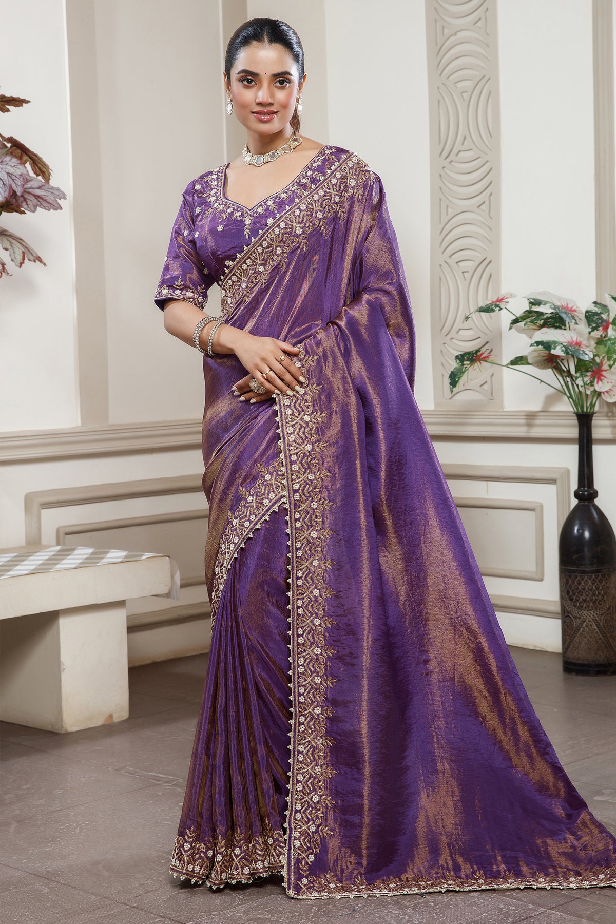 Purple Tissue Dola Silk Solid Saree with Readymade Blouse and Beaded and Zardosi Worked Border - purple silk saree