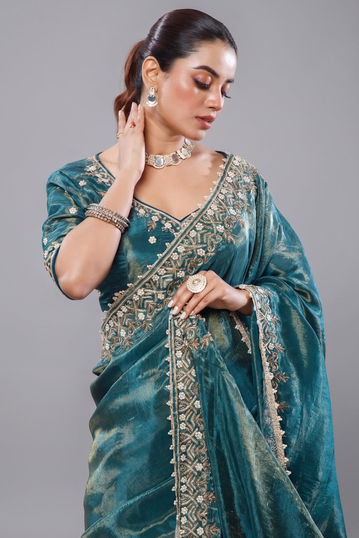 Saree with Readymade Peacock Blue Blouse