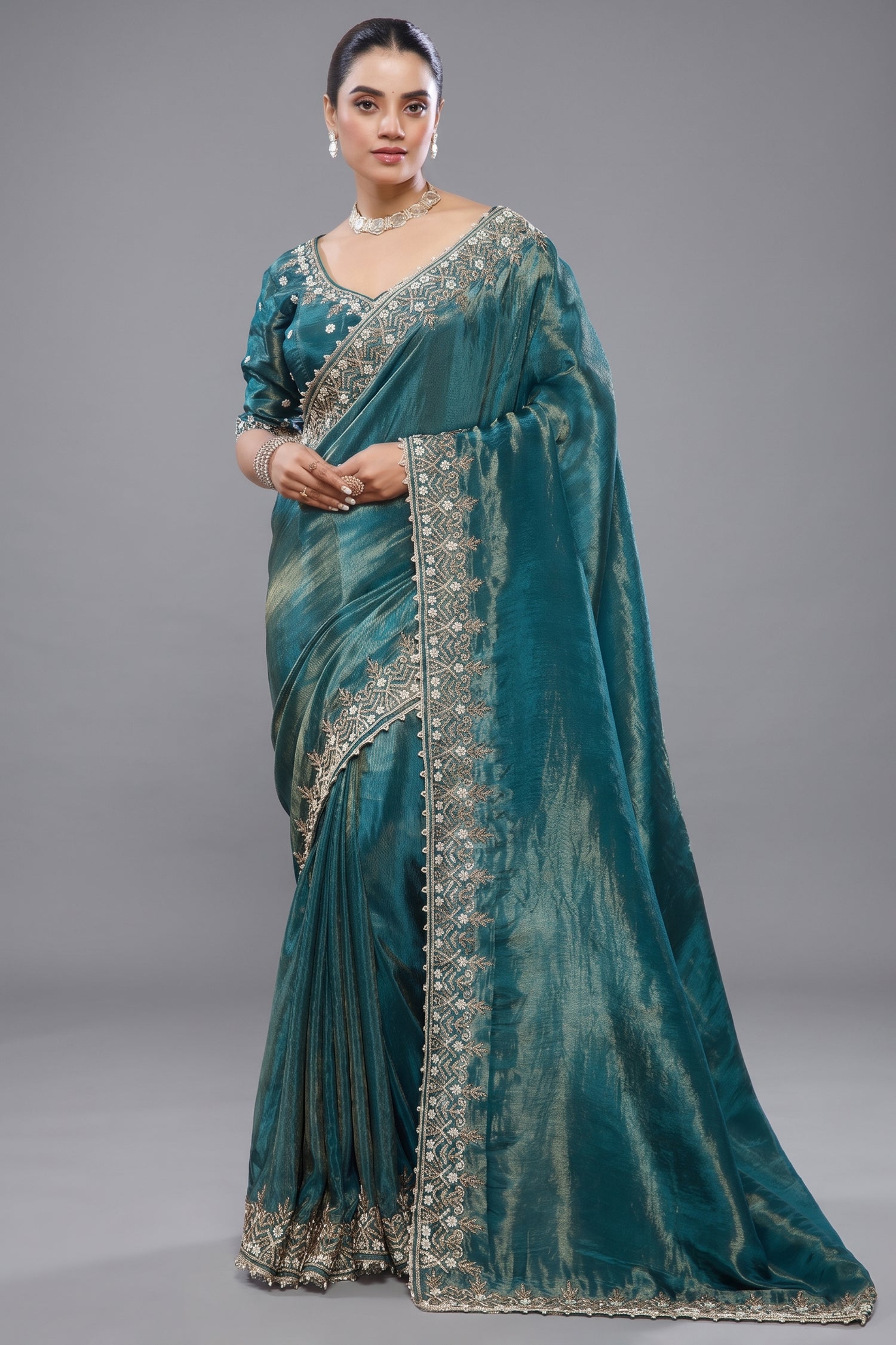 Peacock Blue Tissue Dola Silk Solid Saree Main image