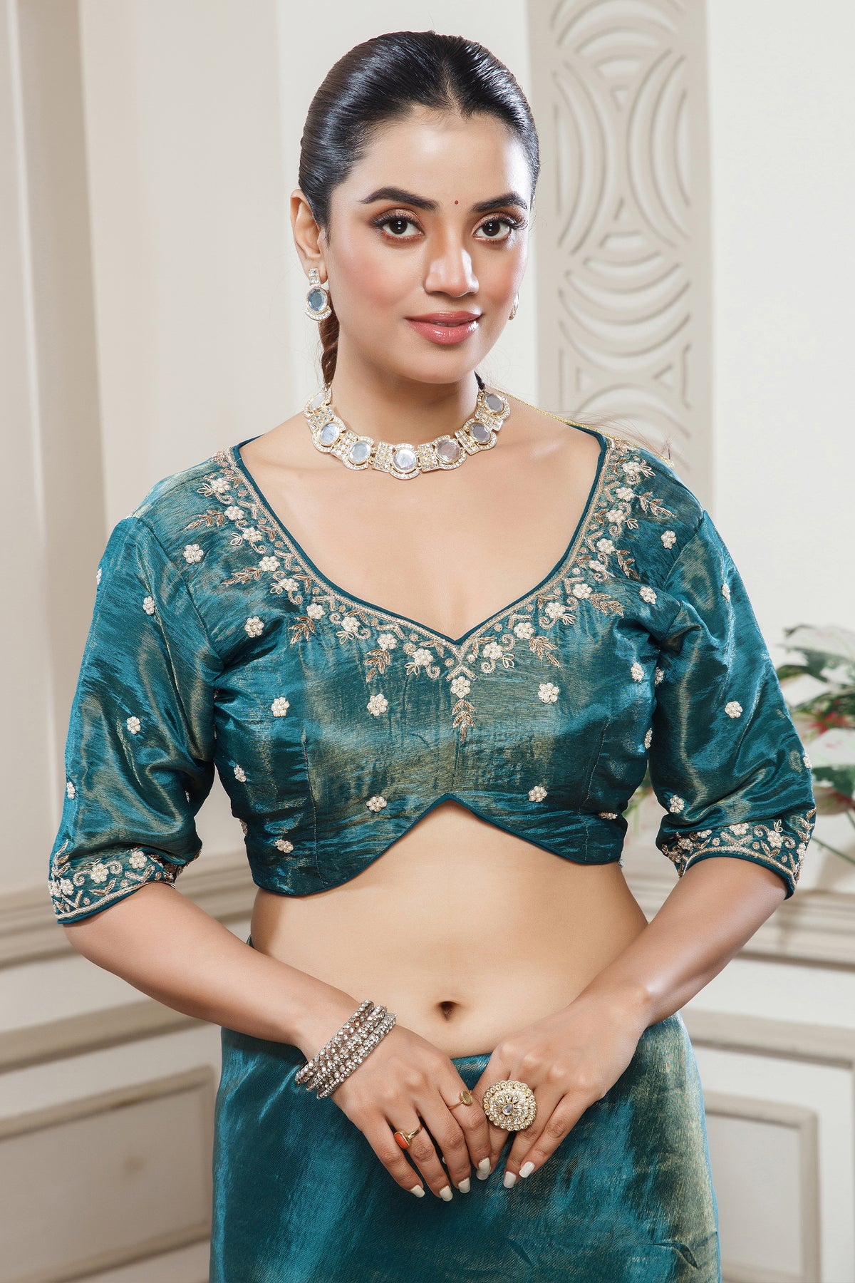 Peacock Blue Tissue Dola Silk Solid Saree with Readymade Blouse and Beaded and Zardosi Worked Border - blue silk saree