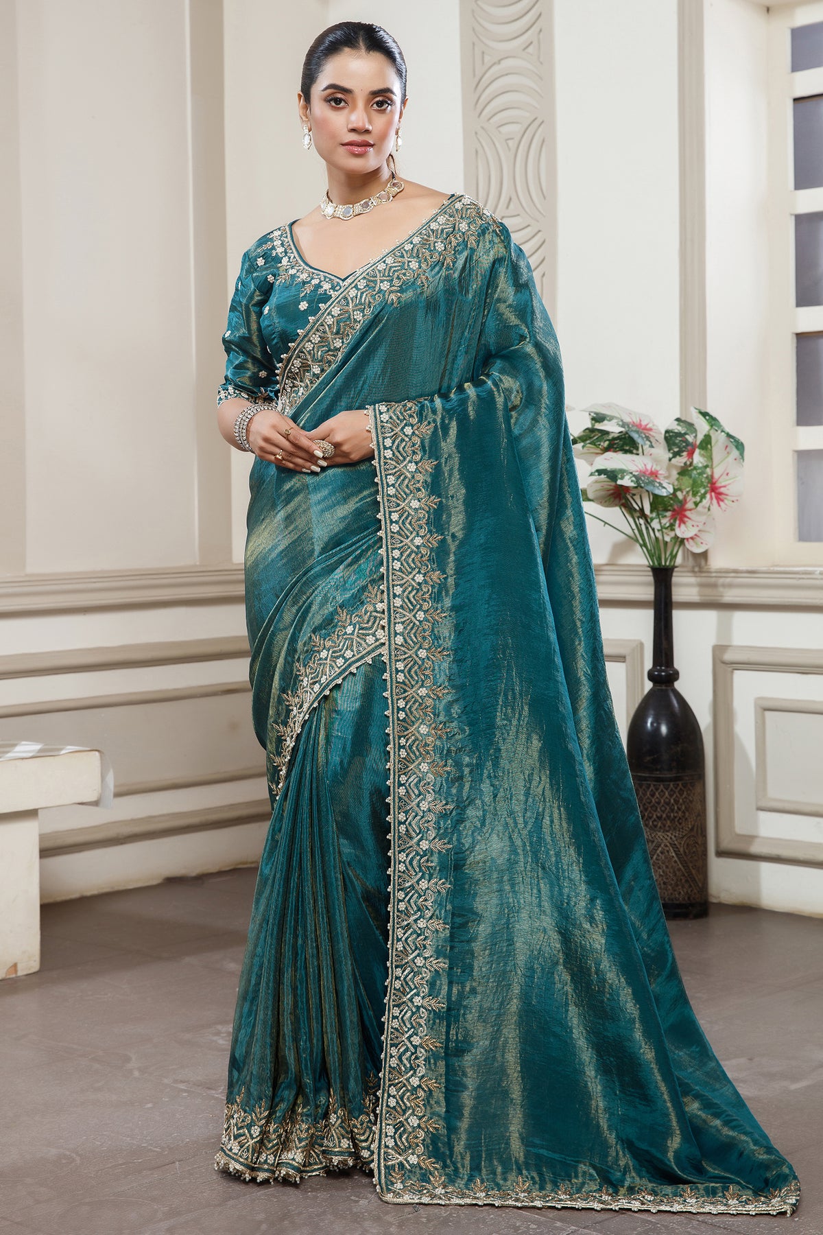 Peacock Blue Tissue Dola Silk Solid Saree with Readymade Blouse and Beaded and Zardosi Worked Border - blue silk saree