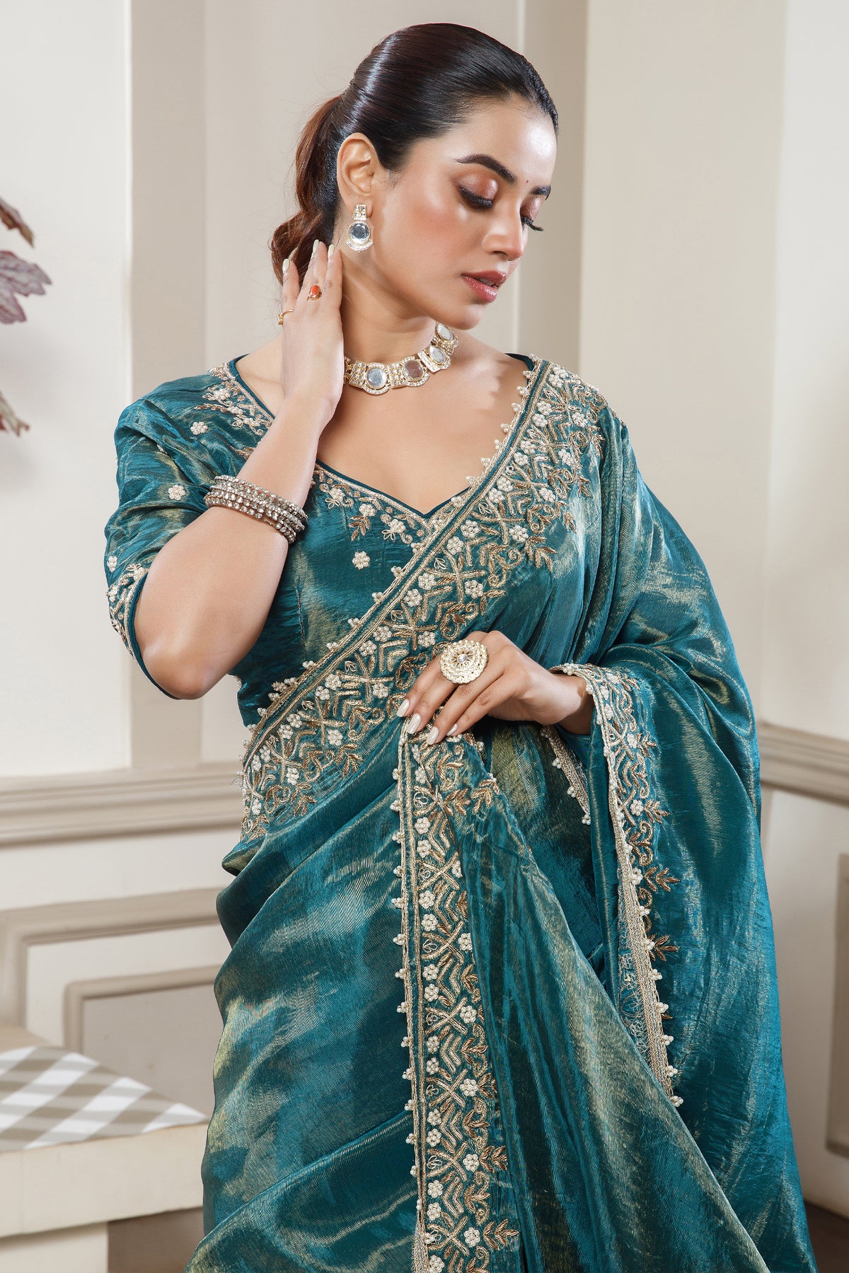 Peacock Blue Tissue Dola Silk Solid Saree with Readymade Blouse and Beaded and Zardosi Worked Border - blue silk saree