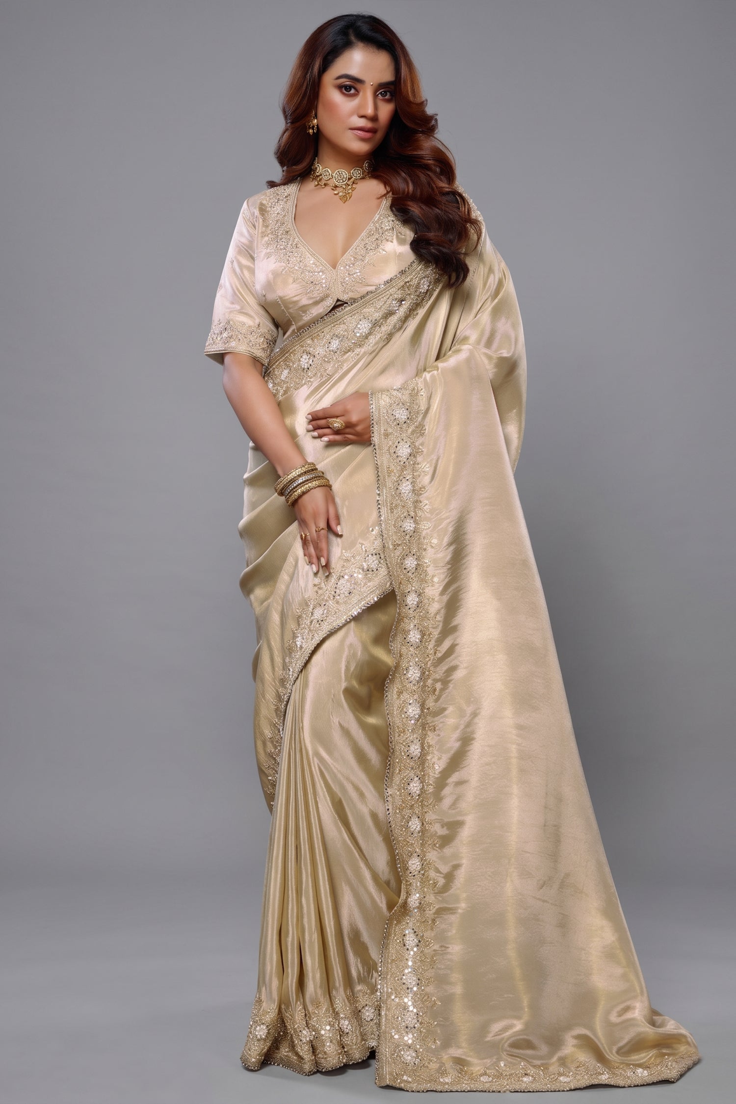 Ivory White Tissue Dola Silk Solid Saree Main image