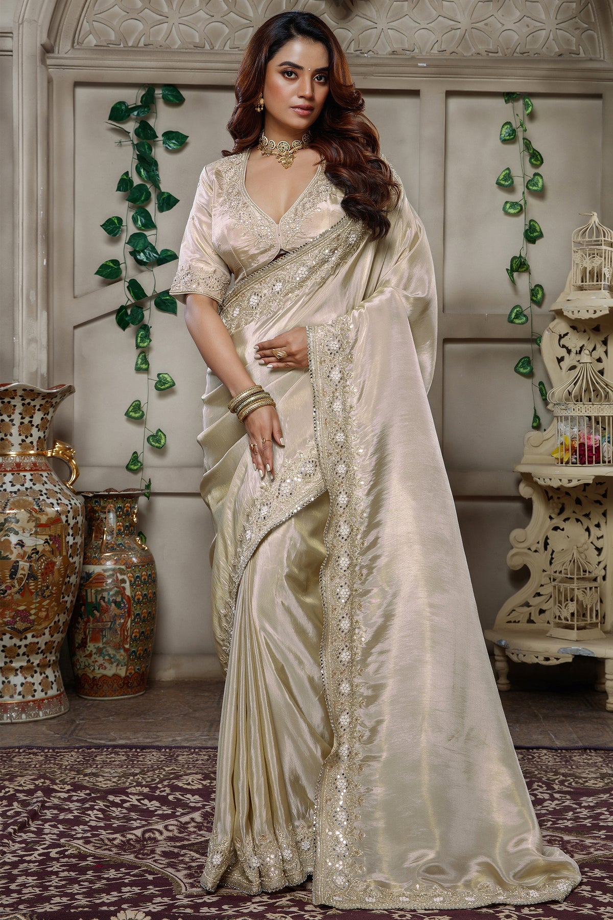 Ivory White Tissue Dola Silk Solid Saree with Readymade Blouse and Applique Work Border - white silk saree