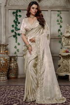 Ivory White Tissue Dola Silk Solid Saree with Readymade Blouse and Applique Work Border - white silk saree