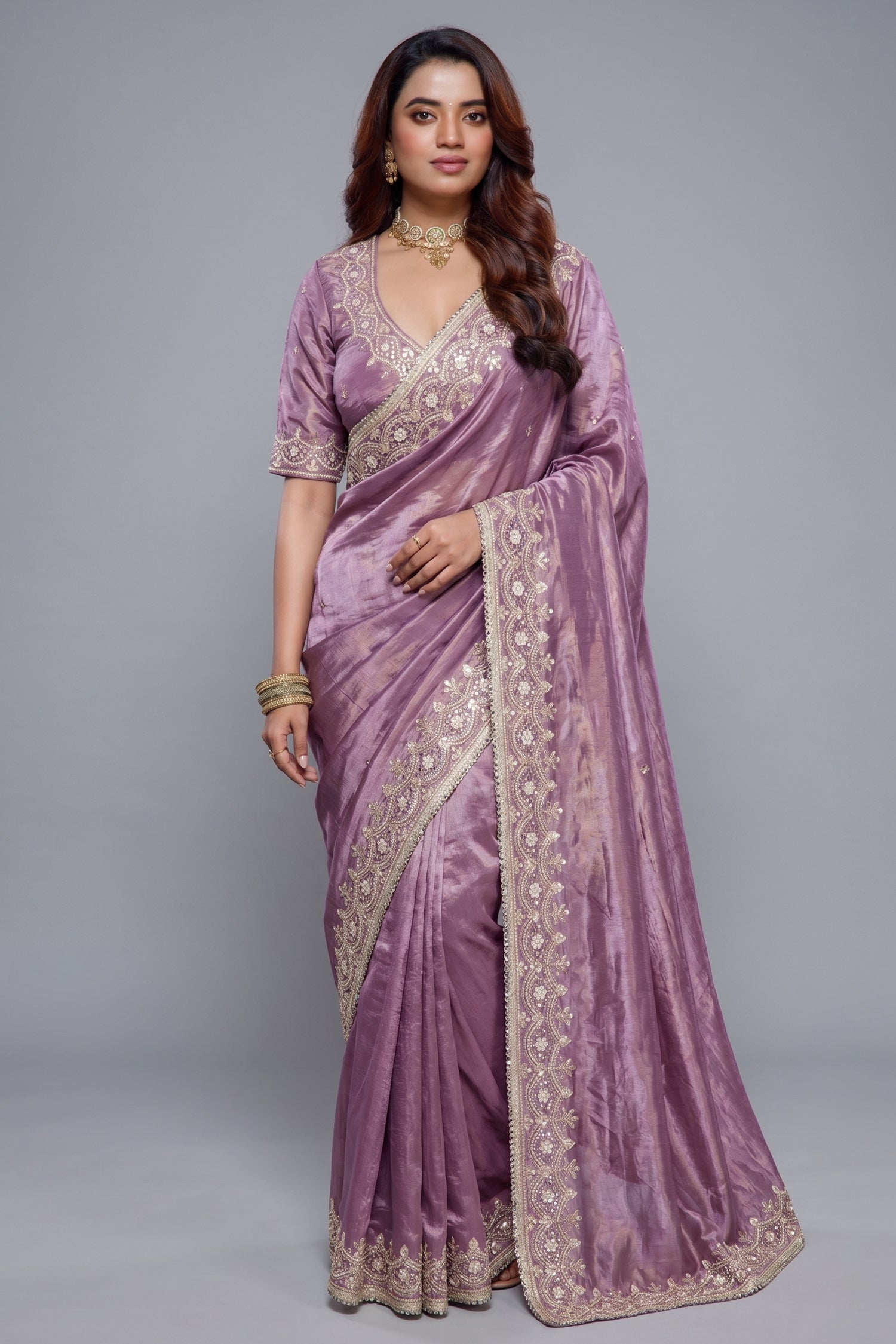 Lavender Tissue Dola Silk Solid Saree Main image
