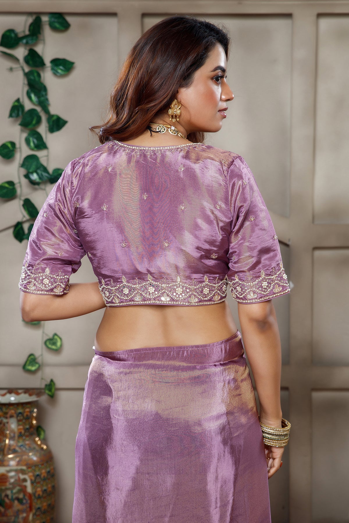 Lavender Tissue Dola Silk Solid Saree with Readymade Blouse and Applique Work Border - lavender silk saree