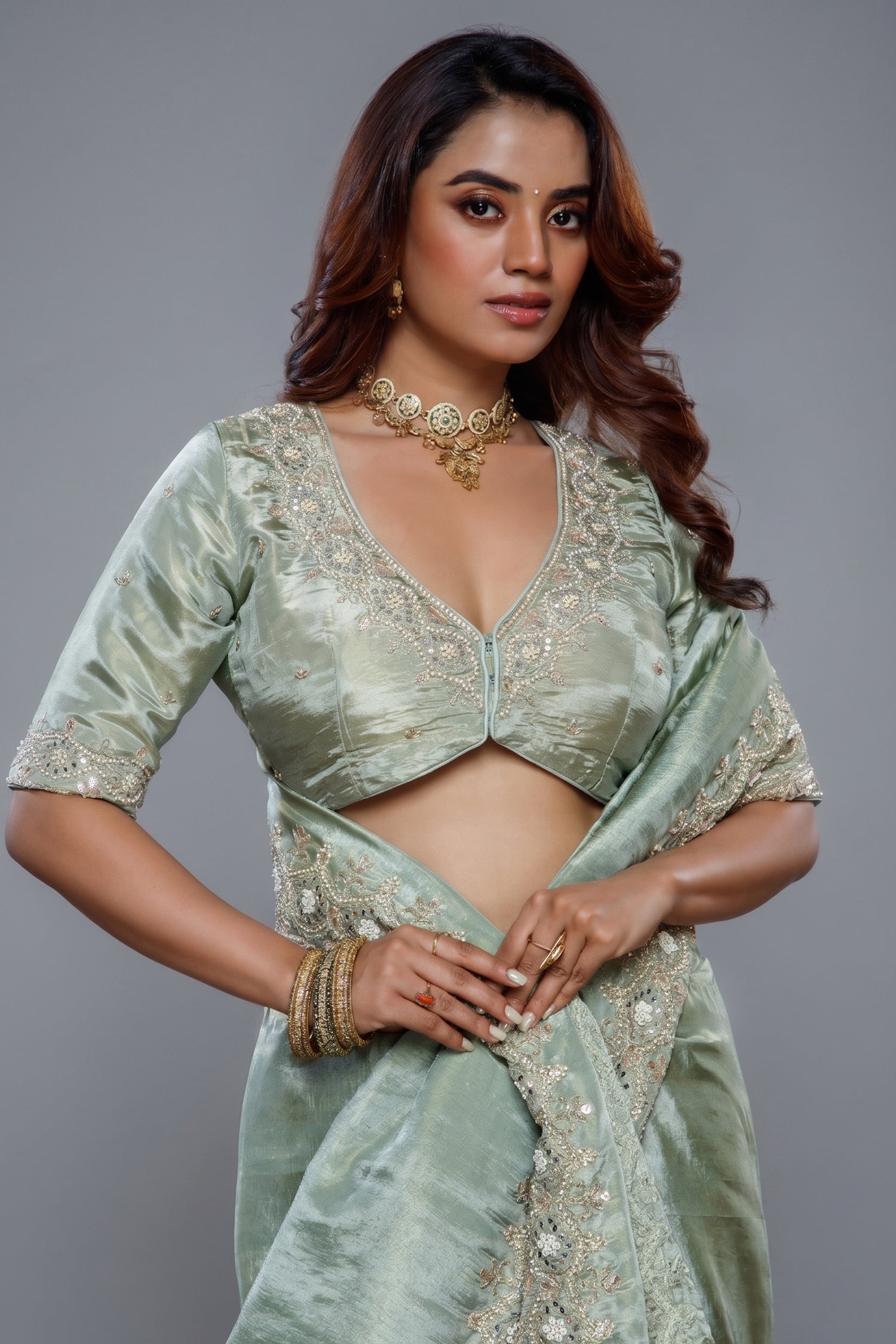 Mint Green Tissue Dola Silk Solid Saree with Readymade Blouse and Applique Work Border Secondary image