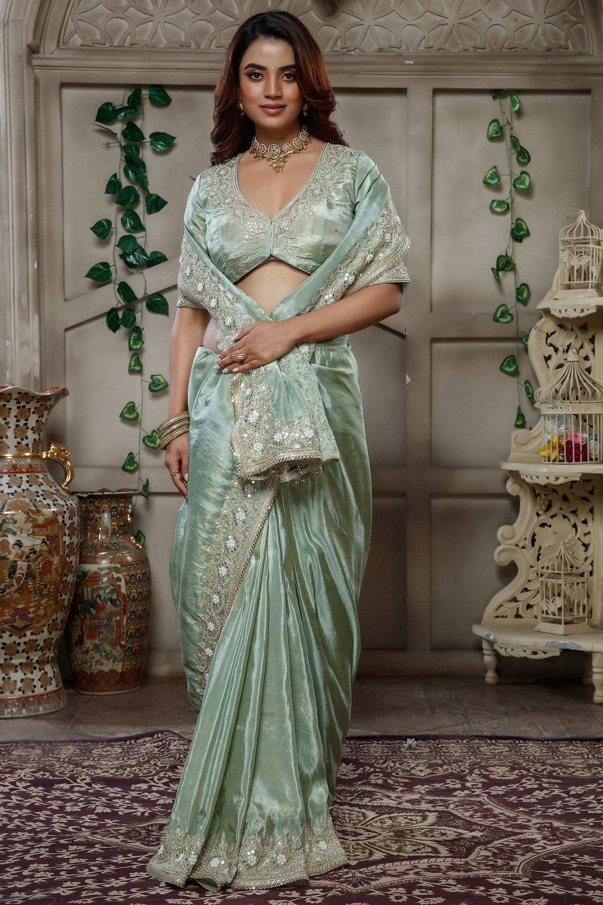 Mint Green Tissue Dola Silk Solid Saree with Readymade Blouse and Applique Work Border - green silk saree