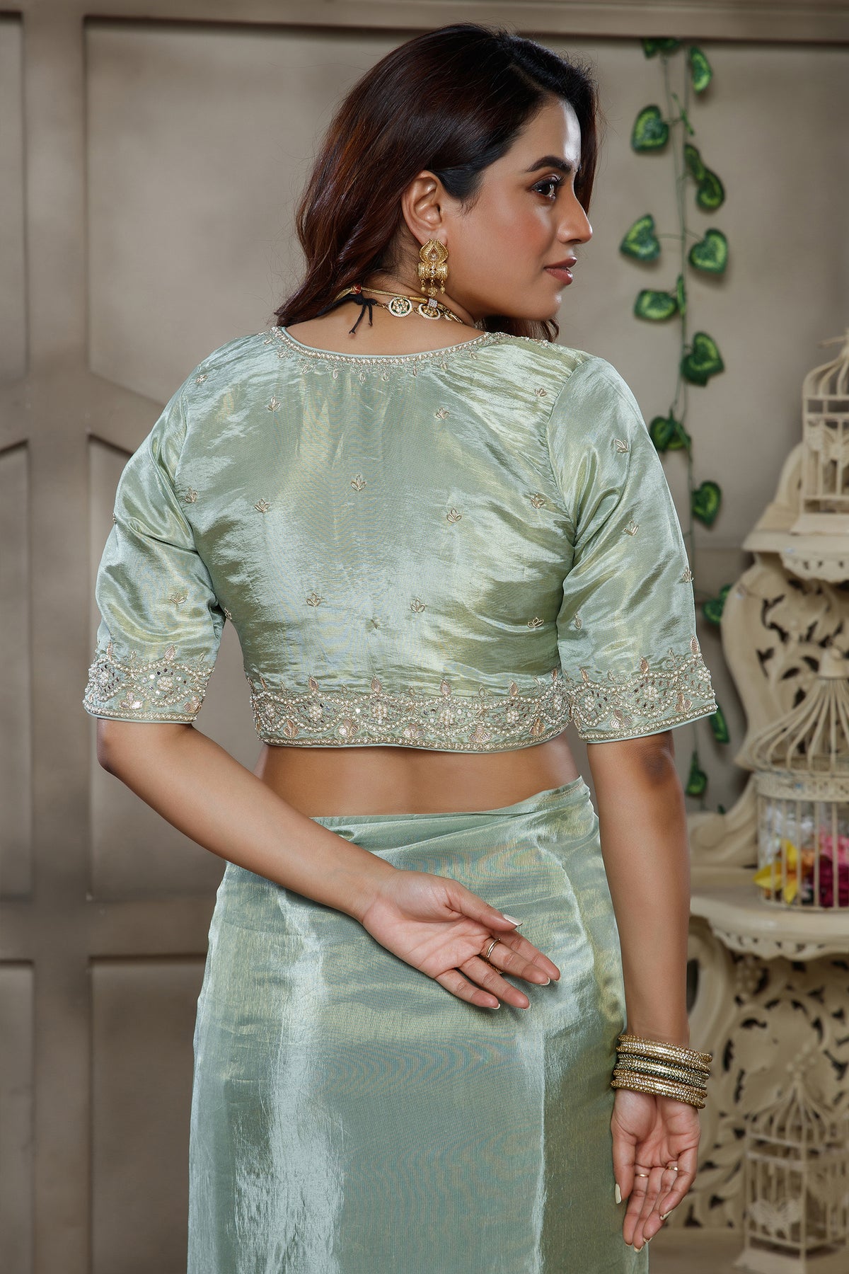 Mint Green Tissue Dola Silk Solid Saree with Readymade Blouse and Applique Work Border - green silk saree