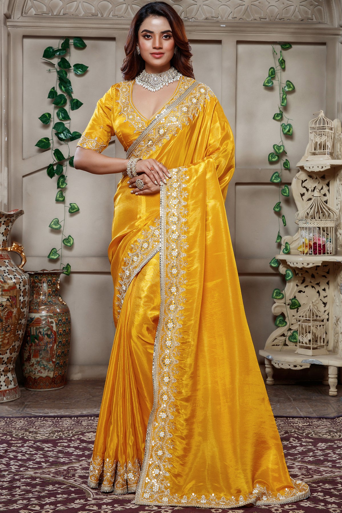 Yellow Tissue Dola Silk Solid Saree with Readymade Blouse and Applique Work Border - yellow silk saree