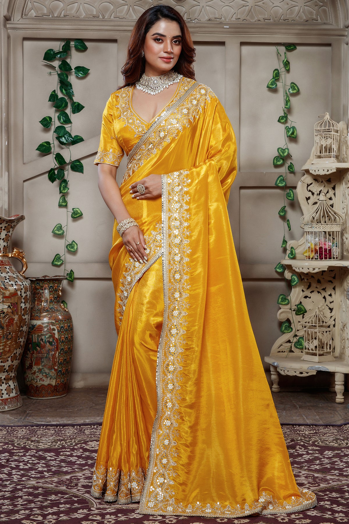 Yellow Tissue Dola Silk Solid Saree with Readymade Blouse and Applique Work Border - yellow silk saree