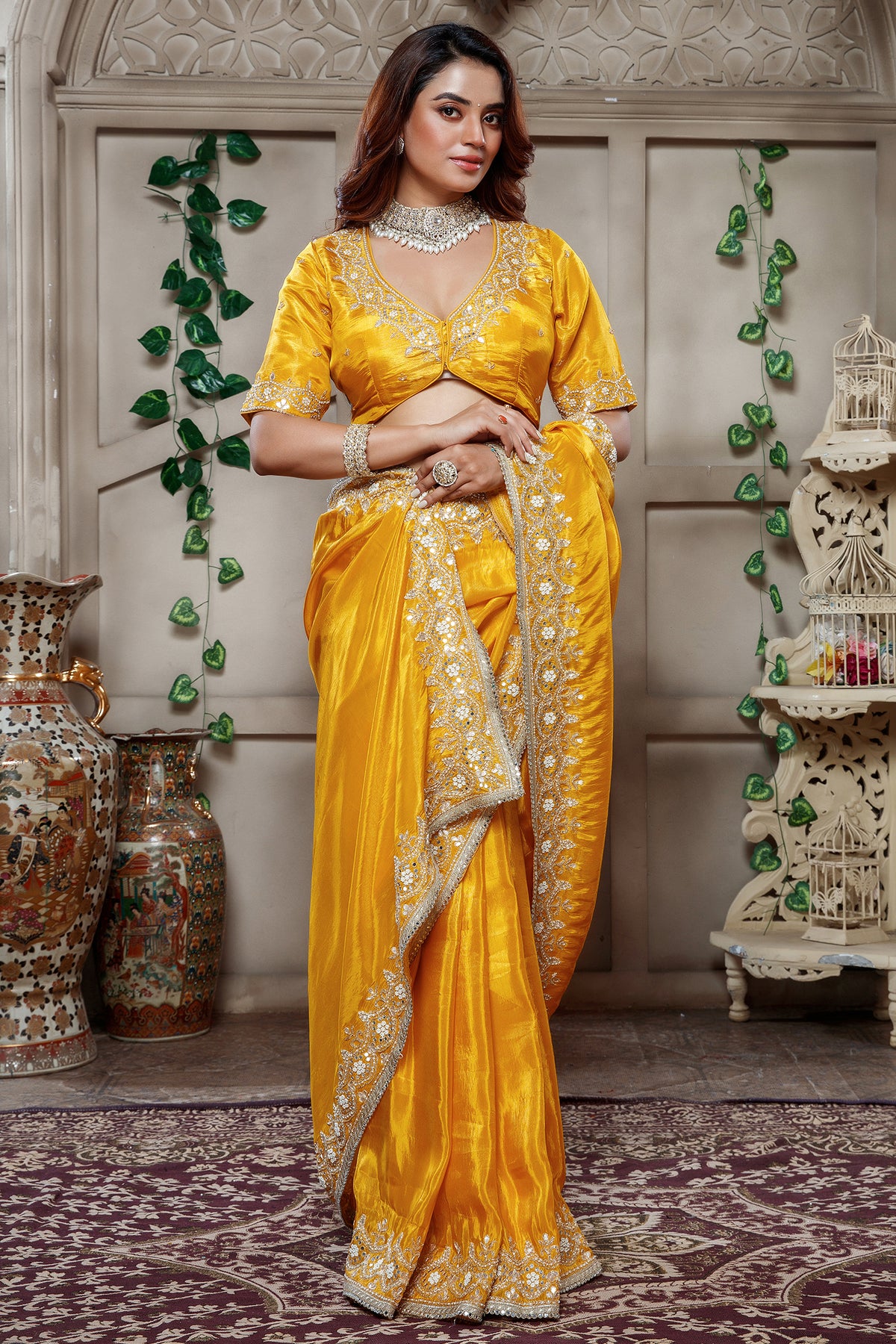 Yellow Tissue Dola Silk Solid Saree with Readymade Blouse and Applique Work Border - yellow silk saree