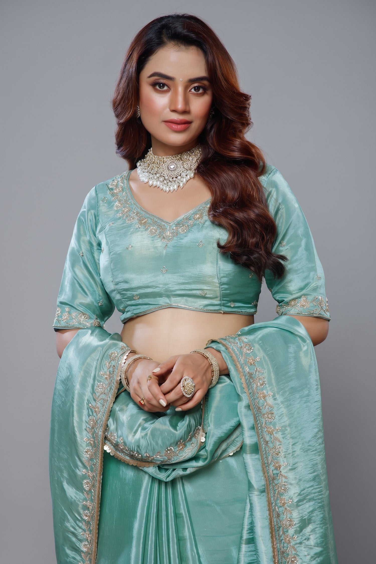 Aqua Blue Tissue Dola Silk Solid Saree with Readymade Blouse and Beaded Work Border Secondary image