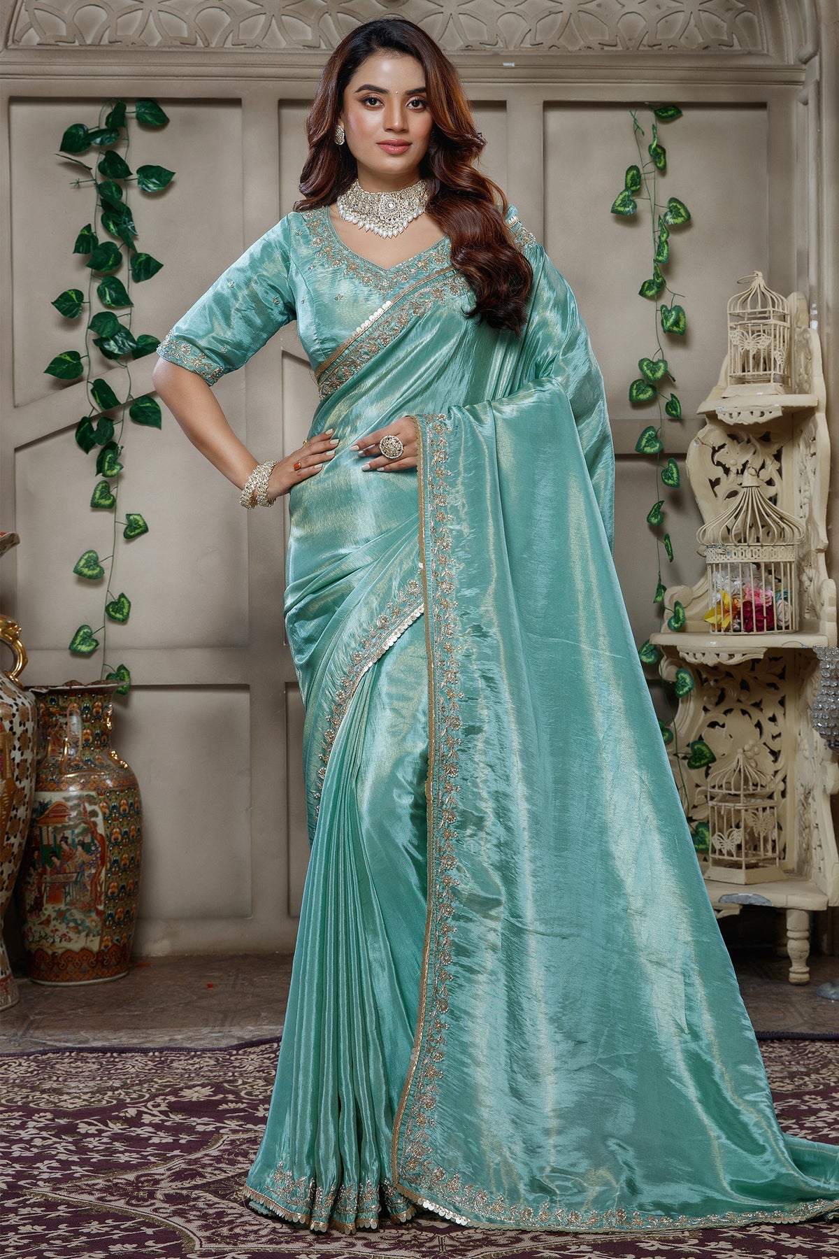 Aqua Blue Tissue Dola Silk Solid Saree with Readymade Blouse and Beaded Work Border - blue silk saree