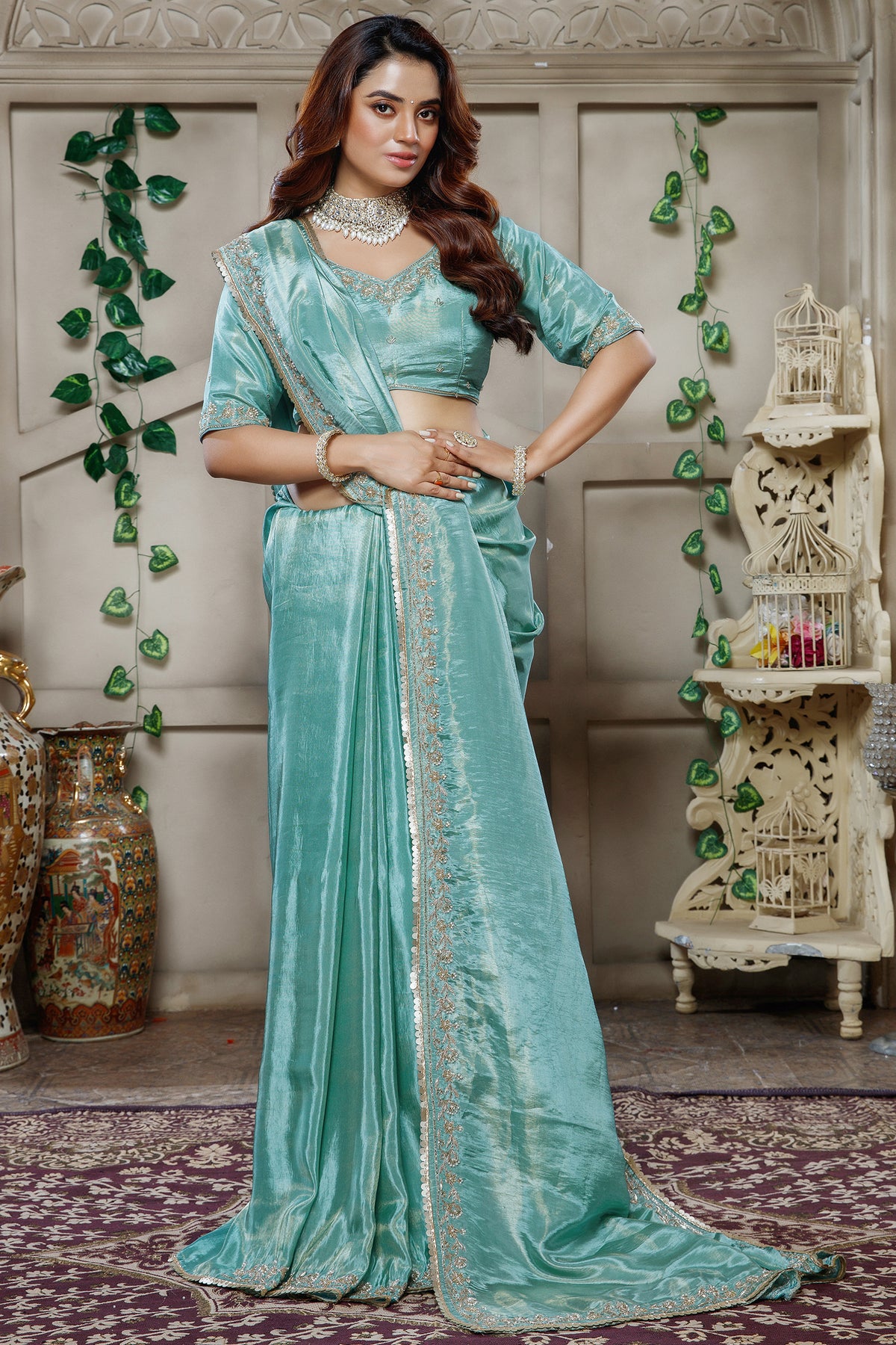 Aqua Blue Tissue Dola Silk Solid Saree with Readymade Blouse and Beaded Work Border - blue silk saree