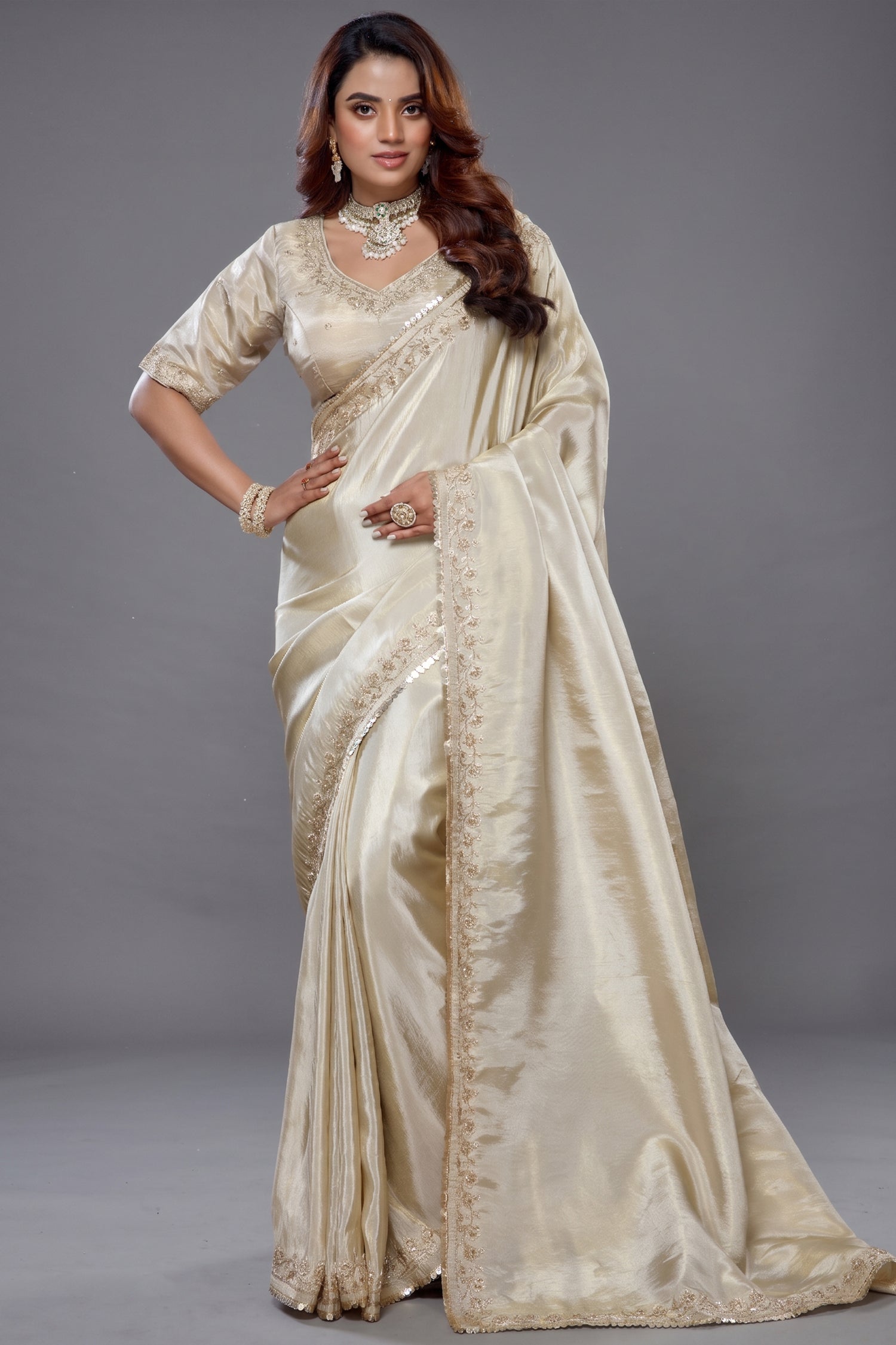 Ivory White Tissue Dola Silk Saree Main image