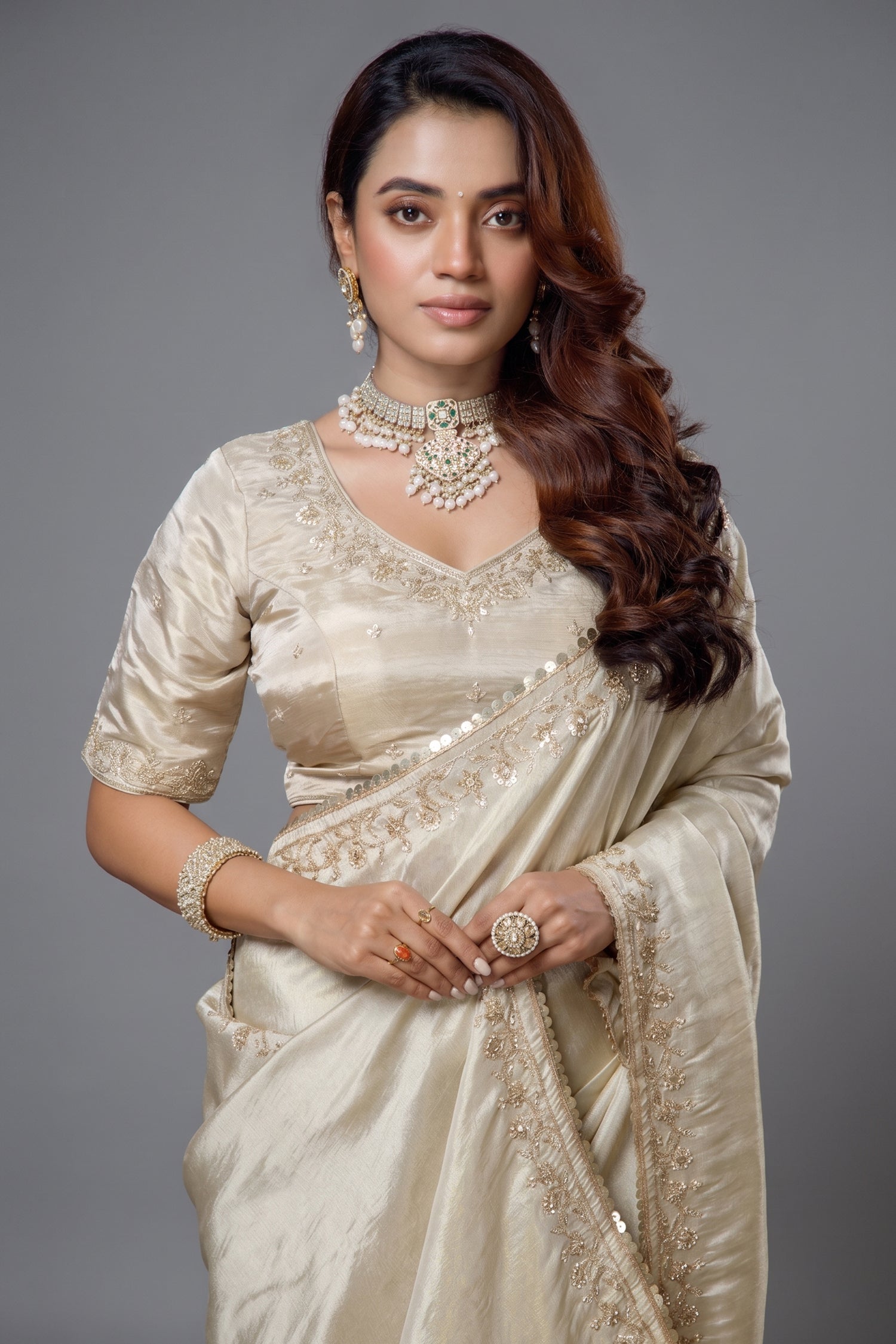 Ivory White Tissue Dola Silk Solid Saree with Readymade Blouse and Beaded Work Border Secondary image