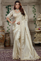 Ivory White Tissue Dola Silk Solid Saree with Readymade Blouse and Beaded Work Border - white silk saree
