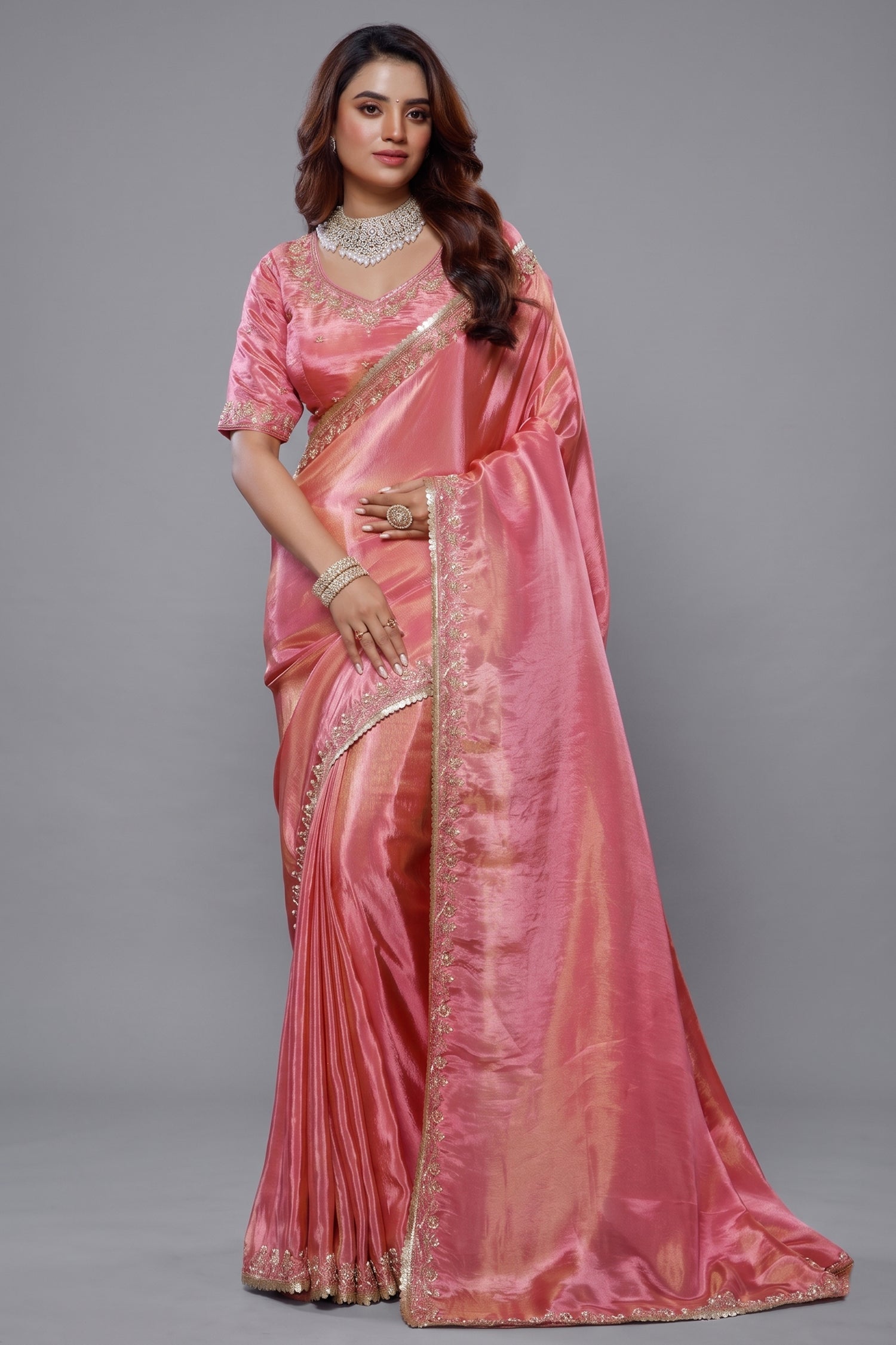 Rose Pink Tissue Dola Silk Solid Saree Main image