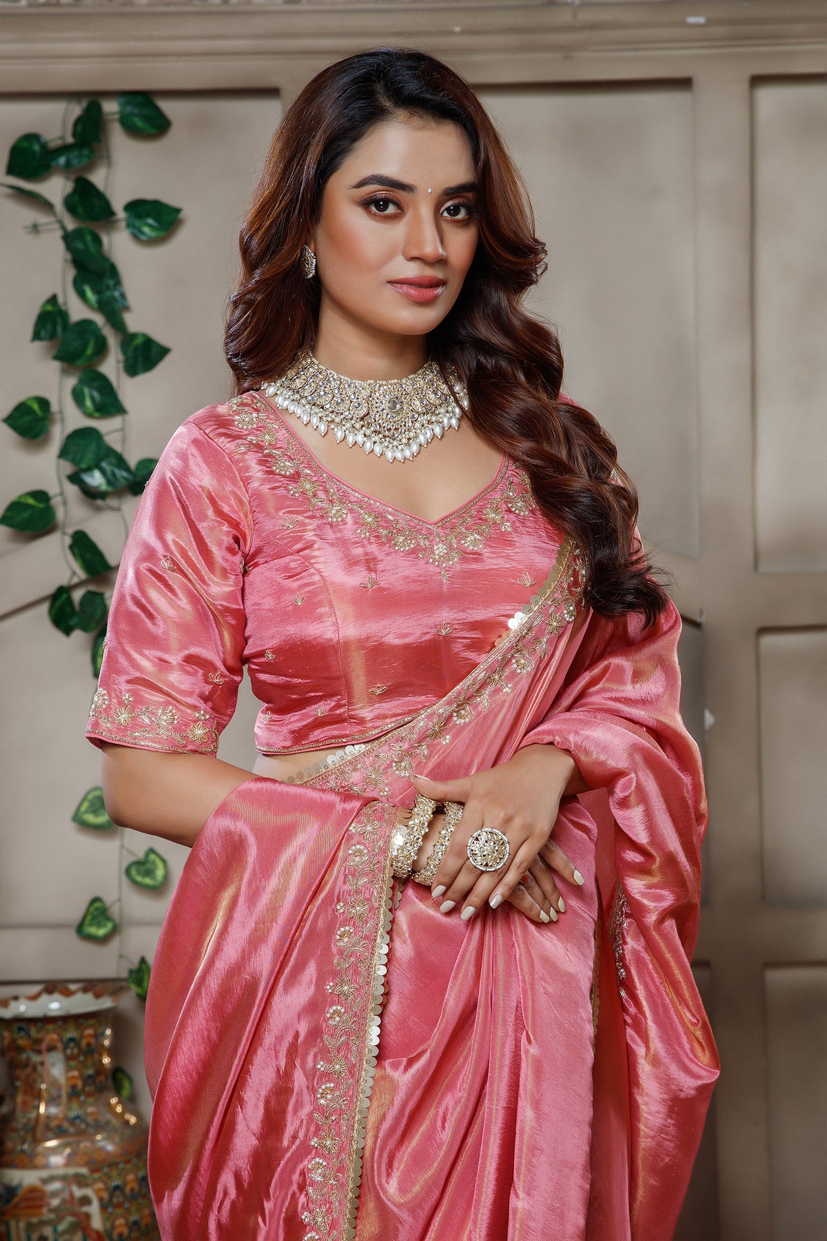 Rose Pink Tissue Dola Silk Solid Saree with Readymade Blouse and Beaded Work Border - pink silk saree
