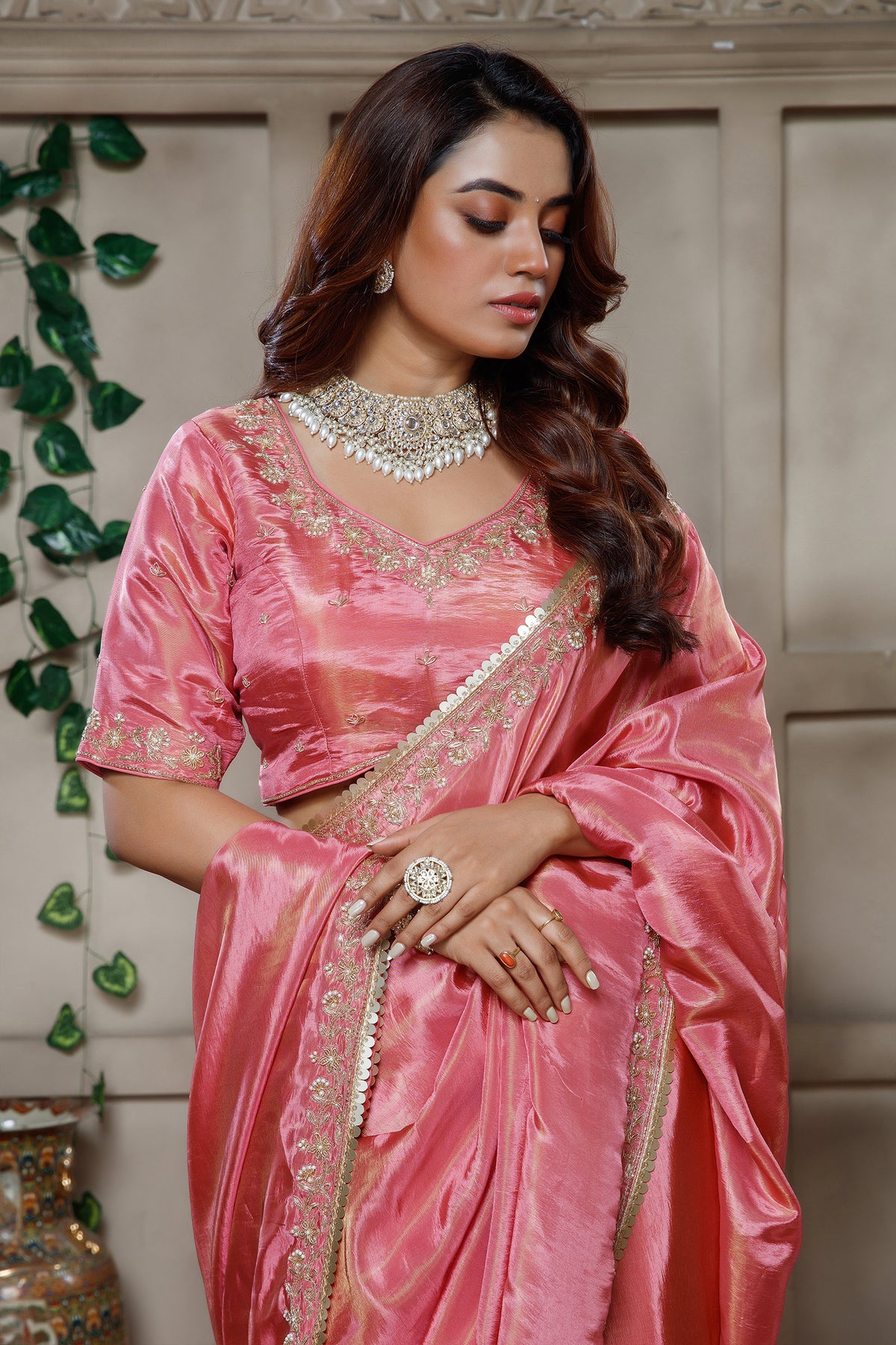 Rose Pink Tissue Dola Silk Solid Saree with Readymade Blouse and Beaded Work Border - pink silk saree