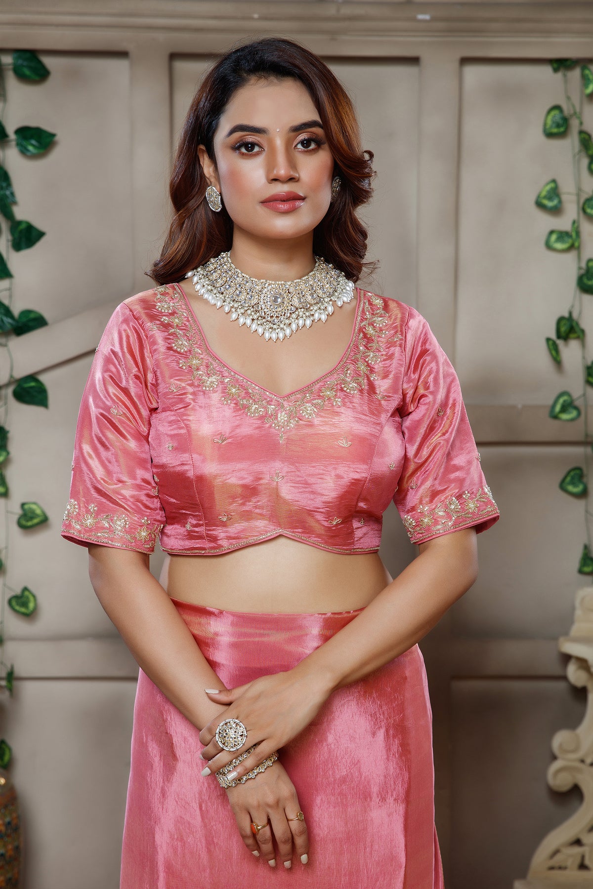Rose Pink Tissue Dola Silk Solid Saree with Readymade Blouse and Beaded Work Border - pink silk saree