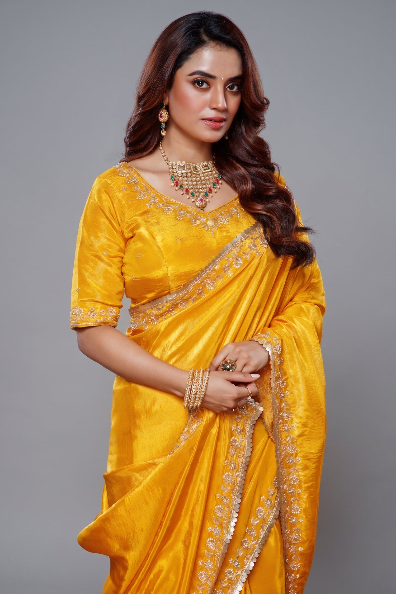 Yellow Tissue Dola Silk Solid Saree with Readymade Blouse and Beaded Work Border Secondary image