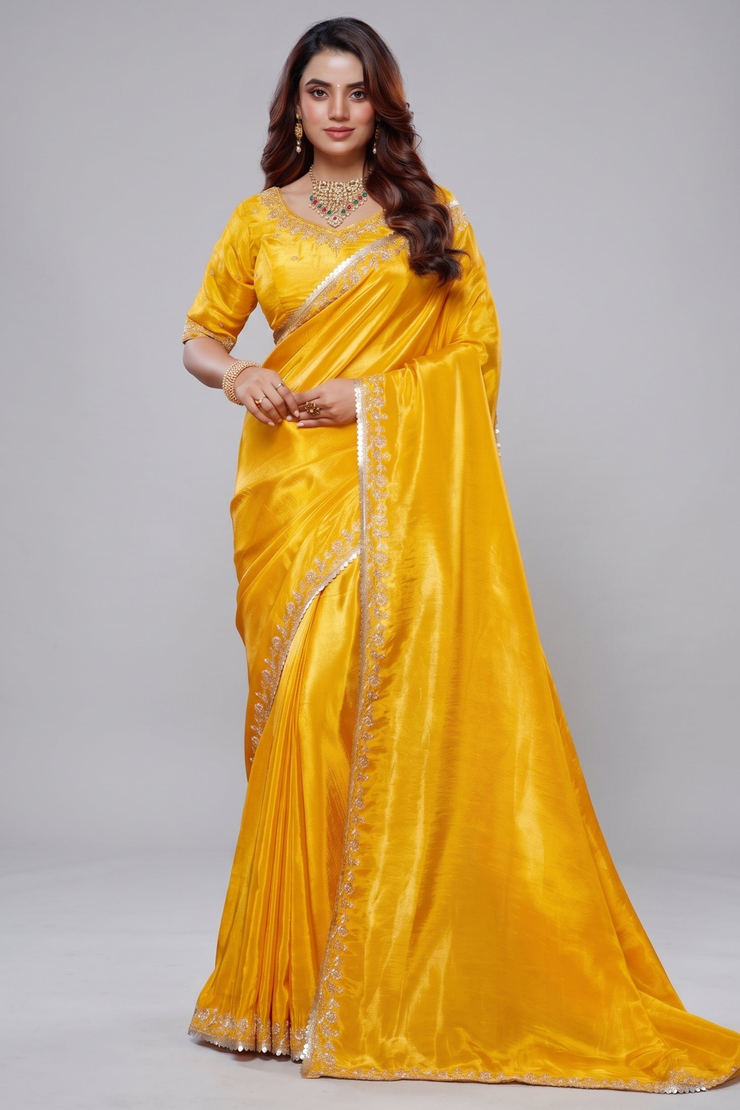 Yellow Tissue Dola Silk Solid Saree Main image