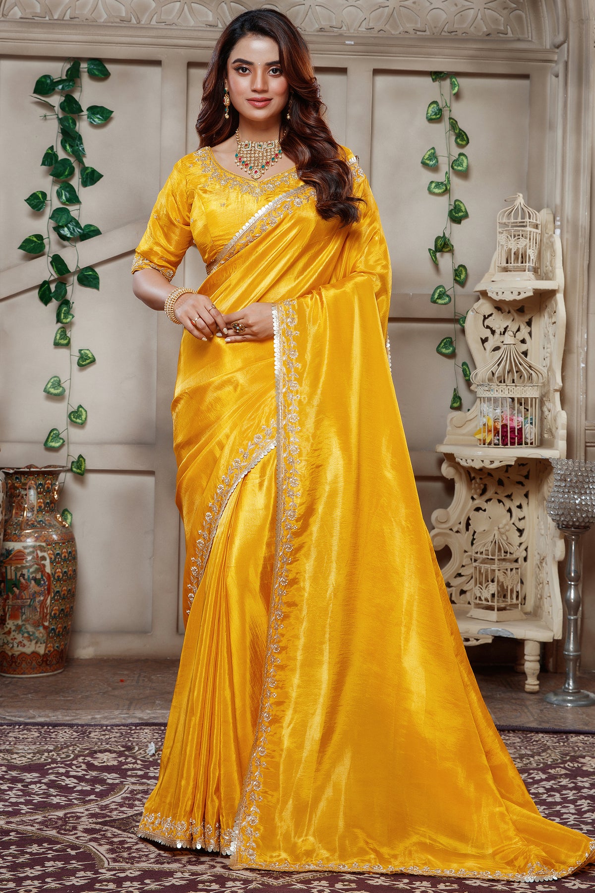 Yellow Tissue Dola Silk Solid Saree with Readymade Blouse and Beaded Work Border - yellow silk saree