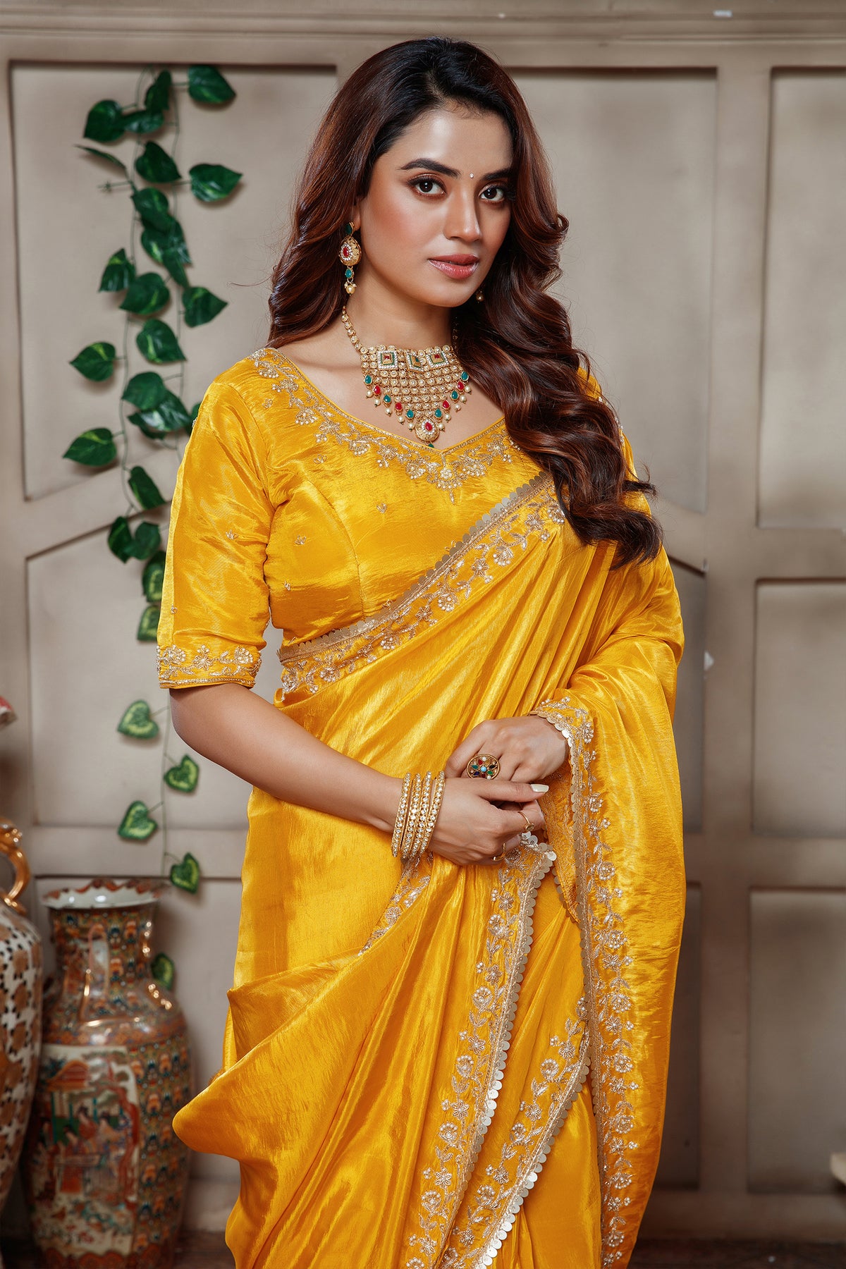 Yellow Tissue Dola Silk Solid Saree with Readymade Blouse and Beaded Work Border - yellow silk saree